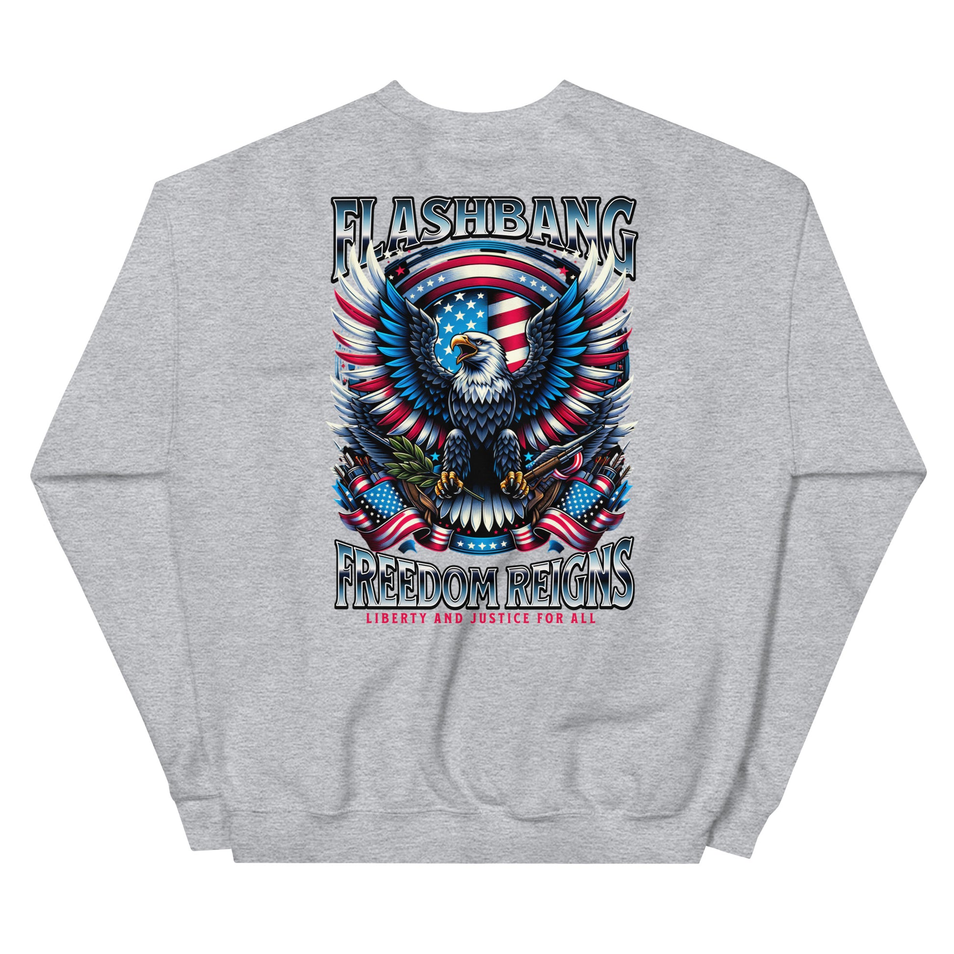 Gray sweatshirt with a colorful eagle design and text on a white background