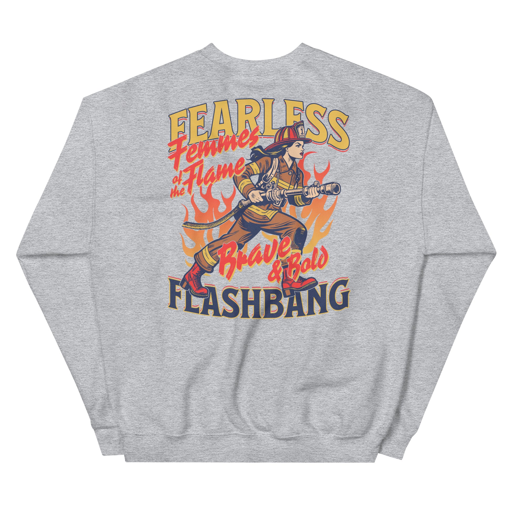 Gray sweatshirt with a graphic of a firefighter and text on the back, on a white background