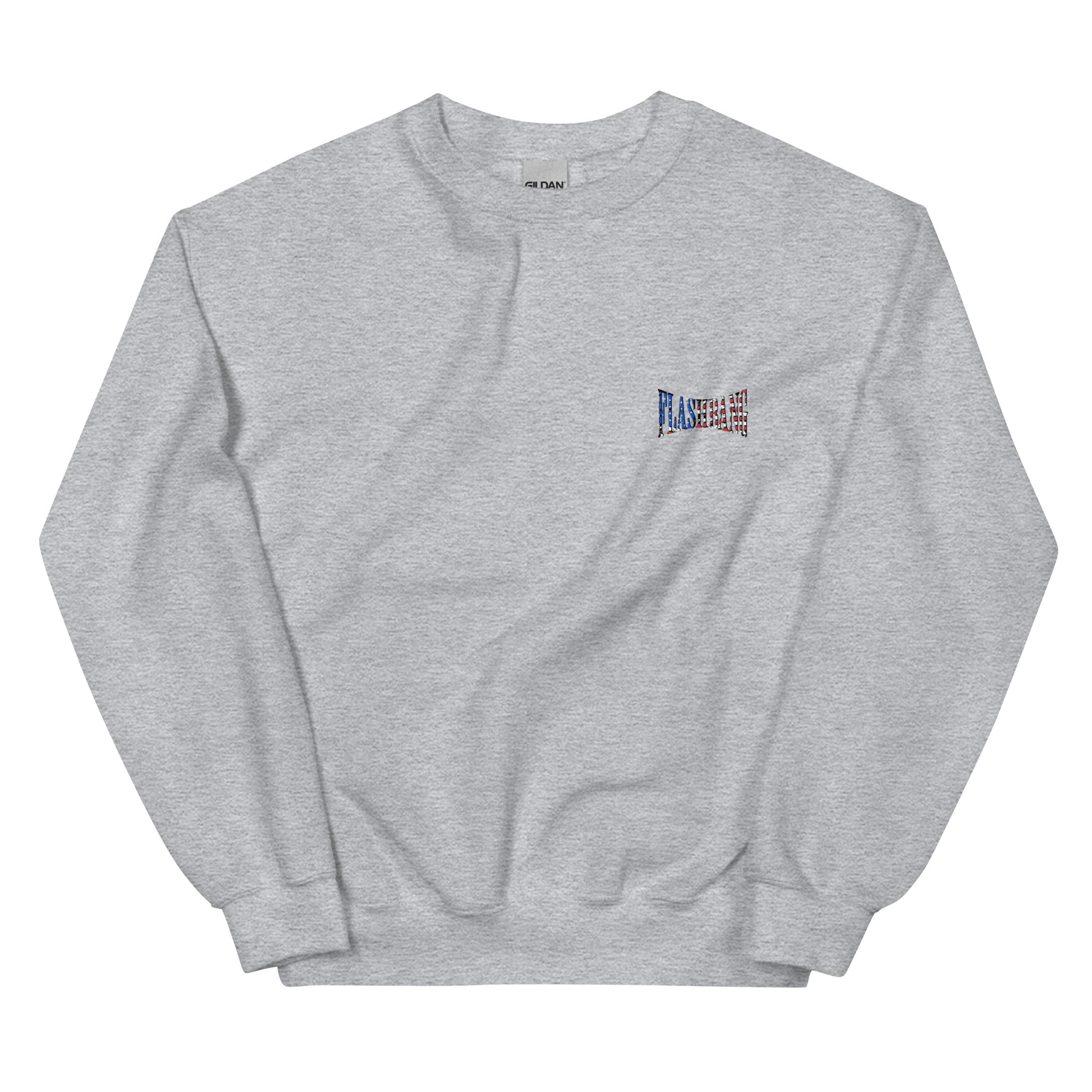 Gray sweatshirt with a small colorful logo on a white background