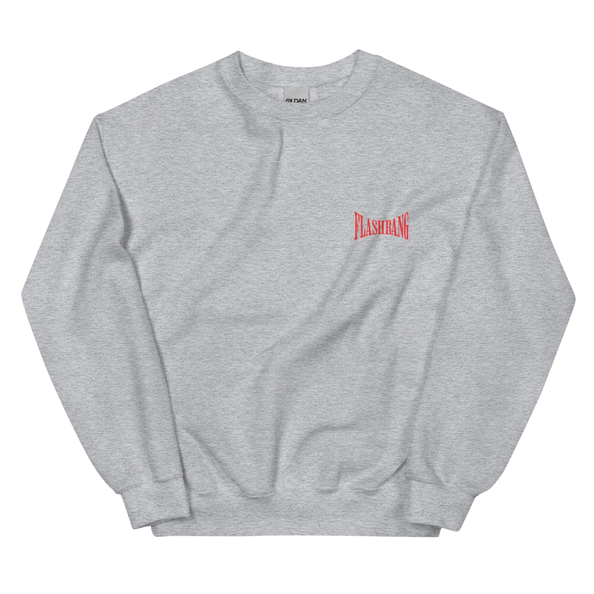 Gray sweatshirt with a red logo on a white background