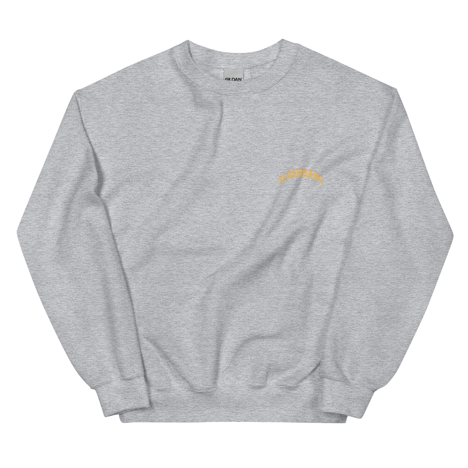 Gray sweatshirt with a yellow logo on a white background