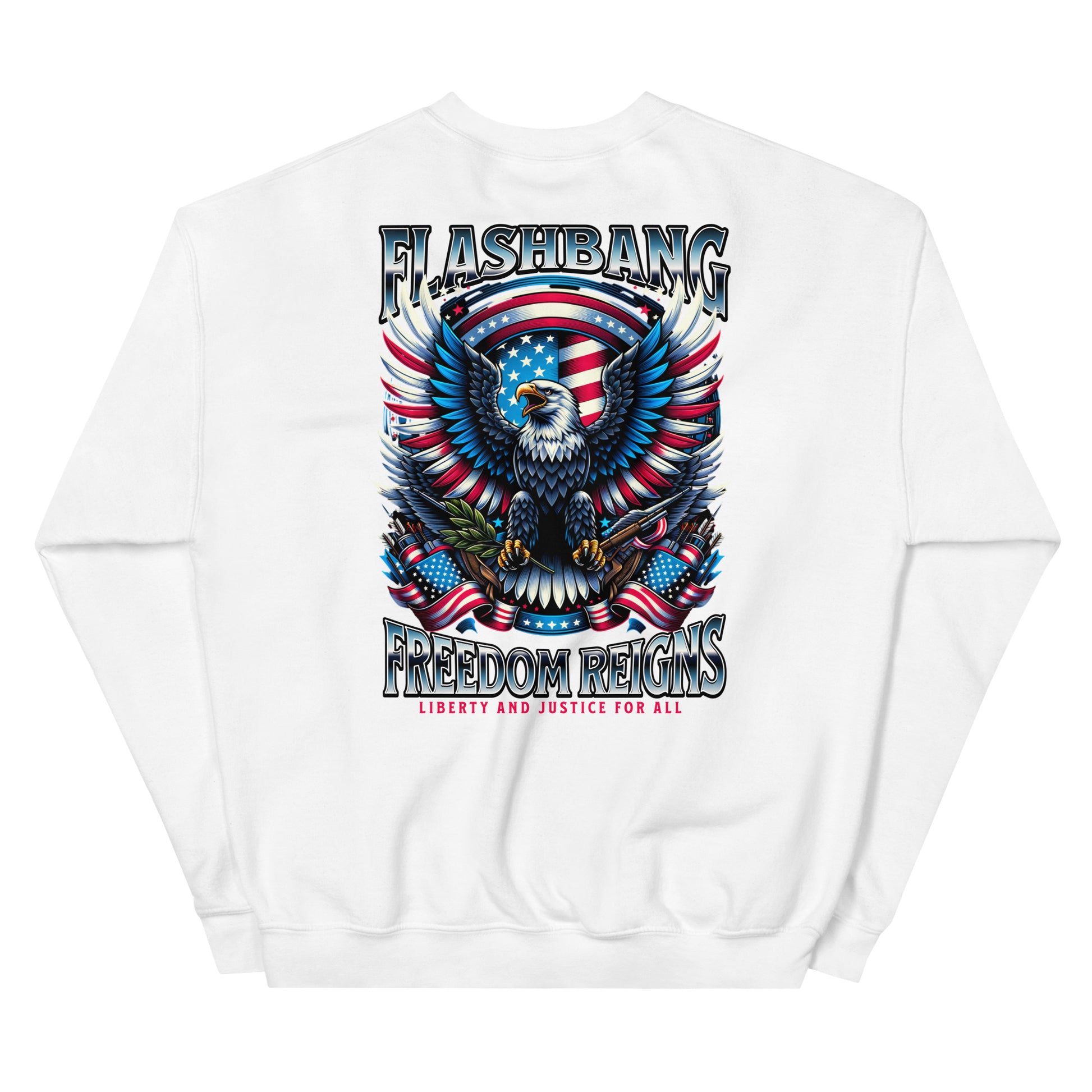 White sweatshirt with a graphic design of an eagle and American flag, featuring the text 'Flashbang Freedom Reigns'.