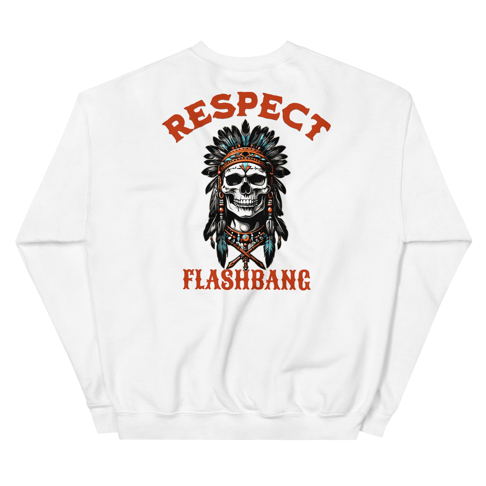 White sweatshirt with a skull design and 'RESPECT FLASHBANG' text on a white background