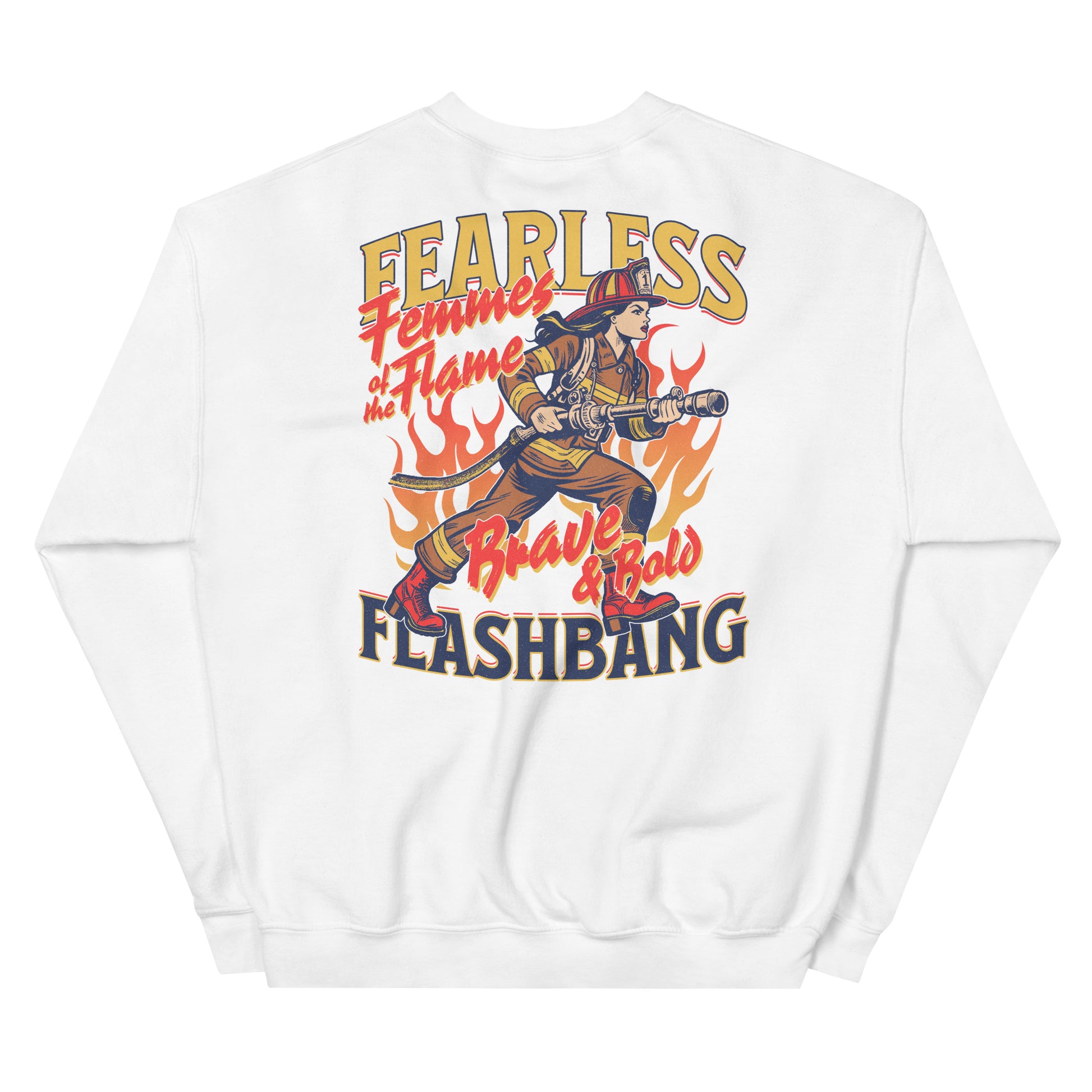 White sweatshirt with a graphic design of a firefighter woman and text on the back