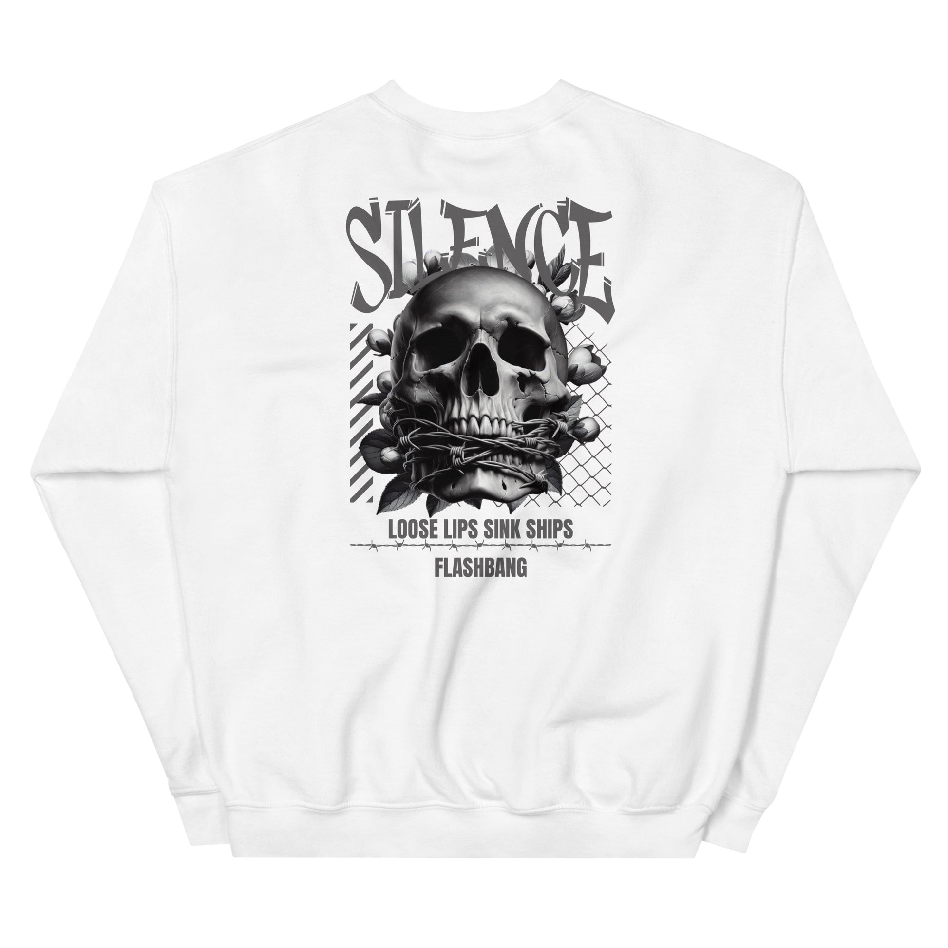White sweatshirt with a skull graphic and text on the back, on a white background
