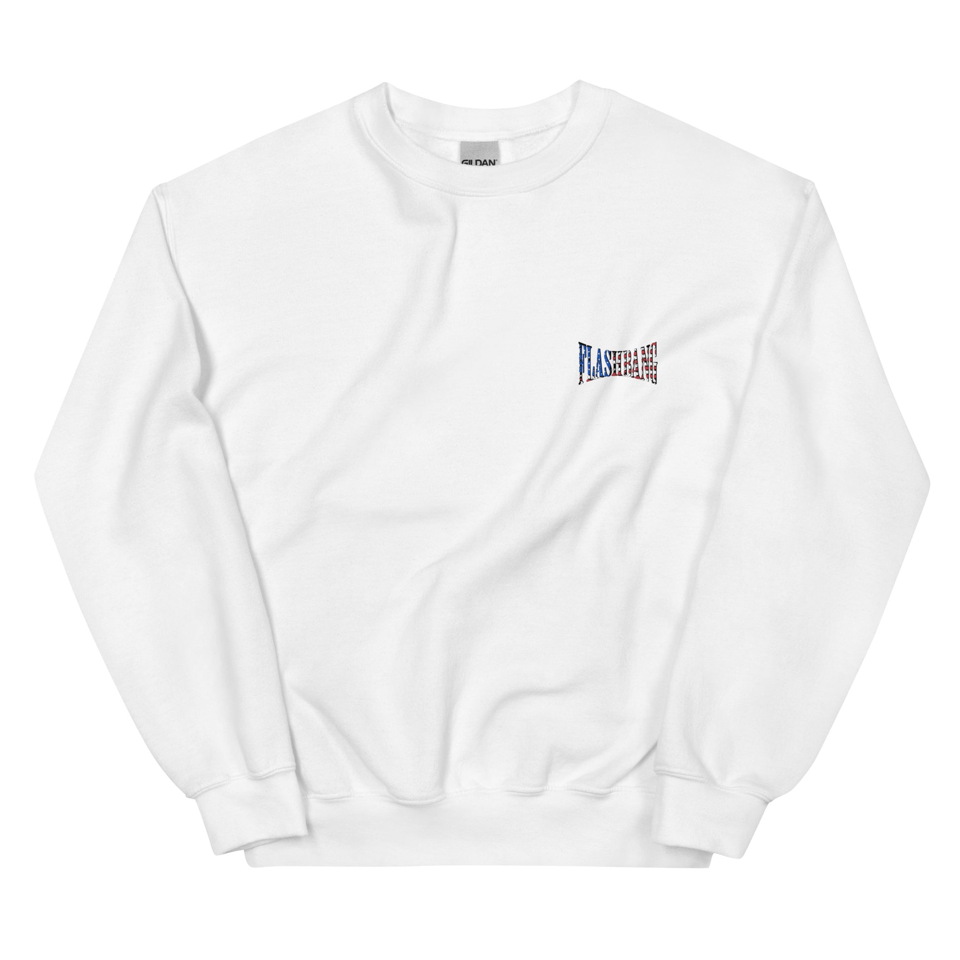 White sweatshirt with a colorful logo on the chest against a white background