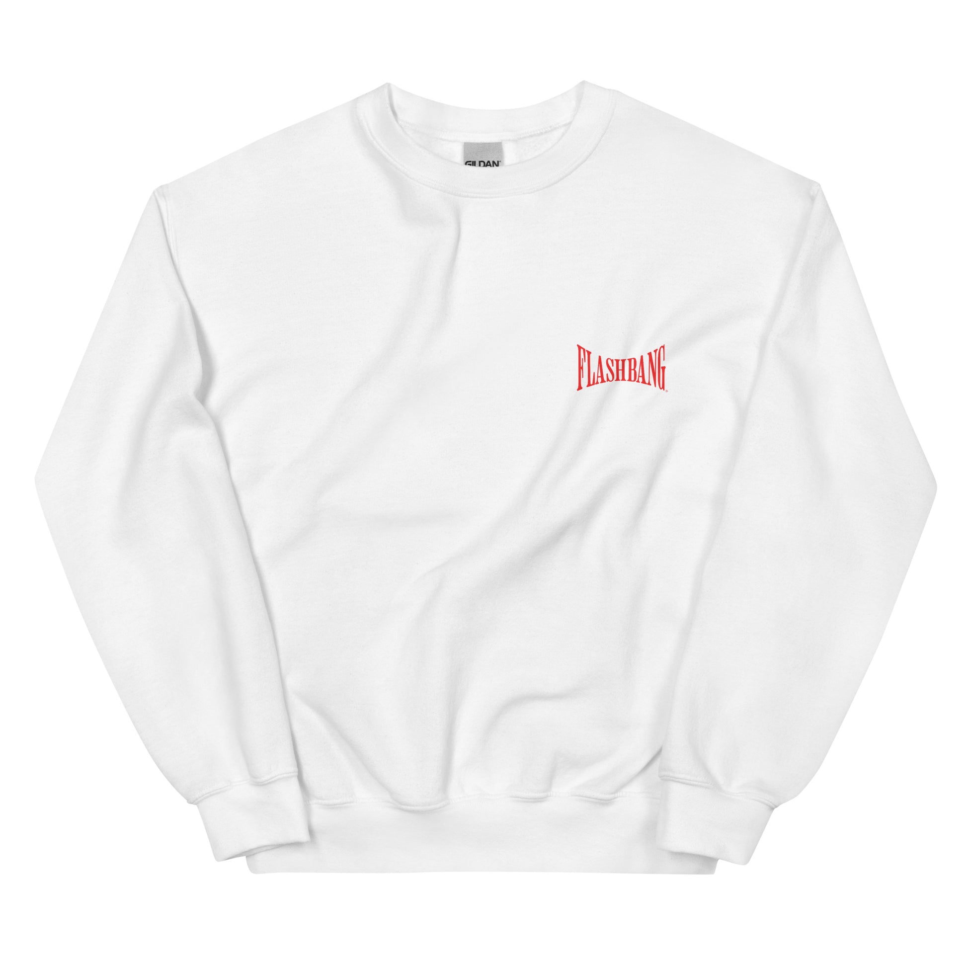 White sweatshirt with red text on a white background