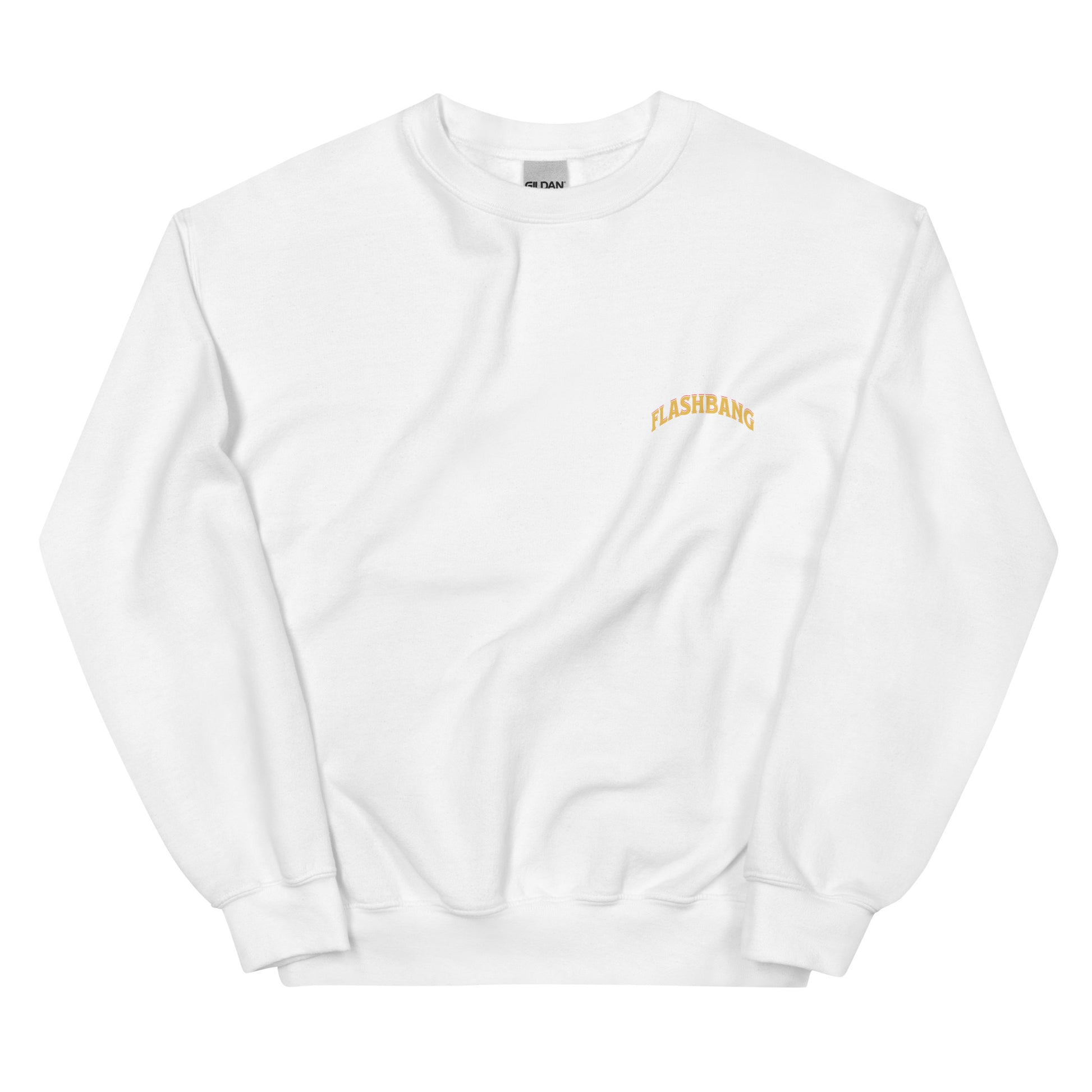 White sweatshirt with yellow text on a white background