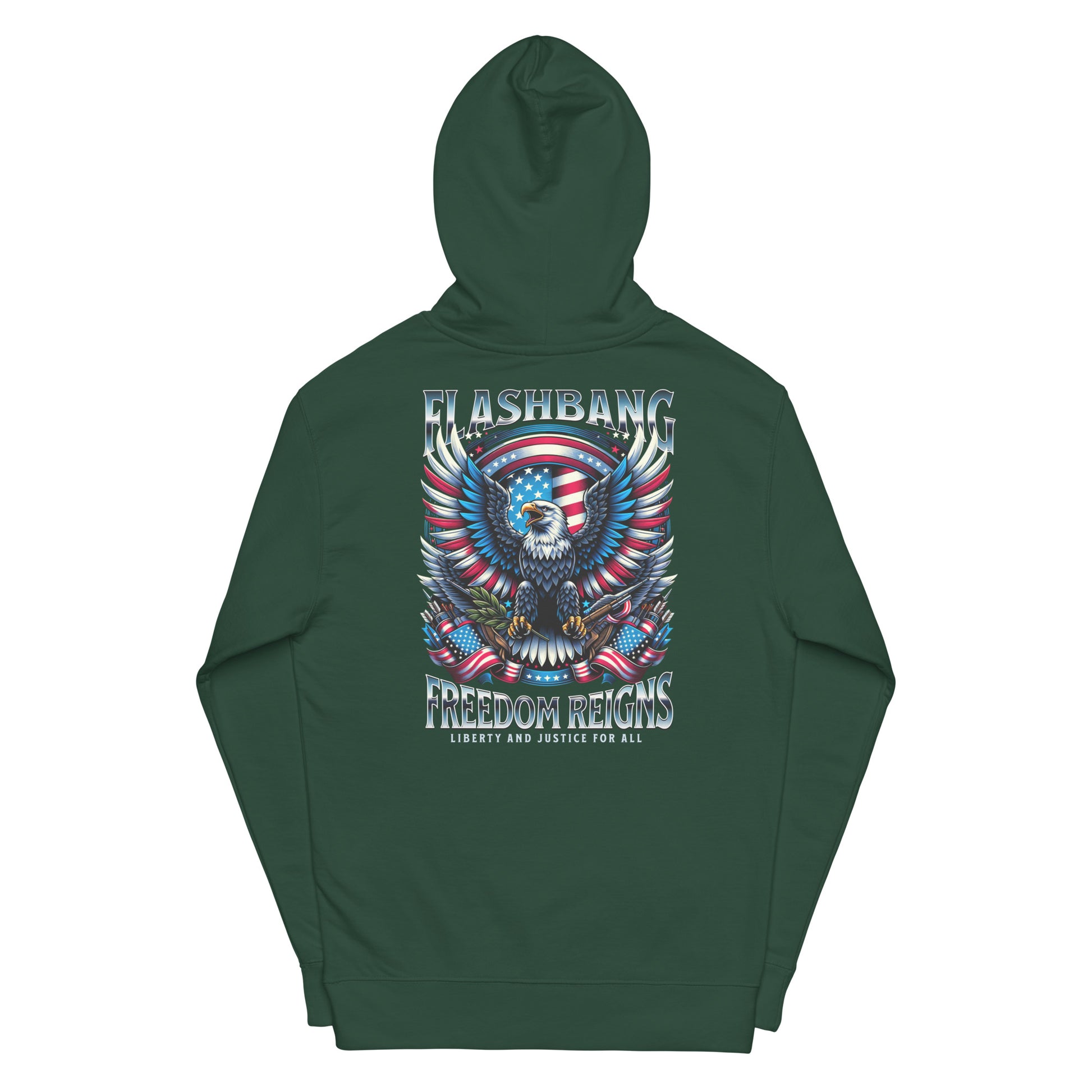 Green hoodie with an eagle and American flag design on the back, on a white background