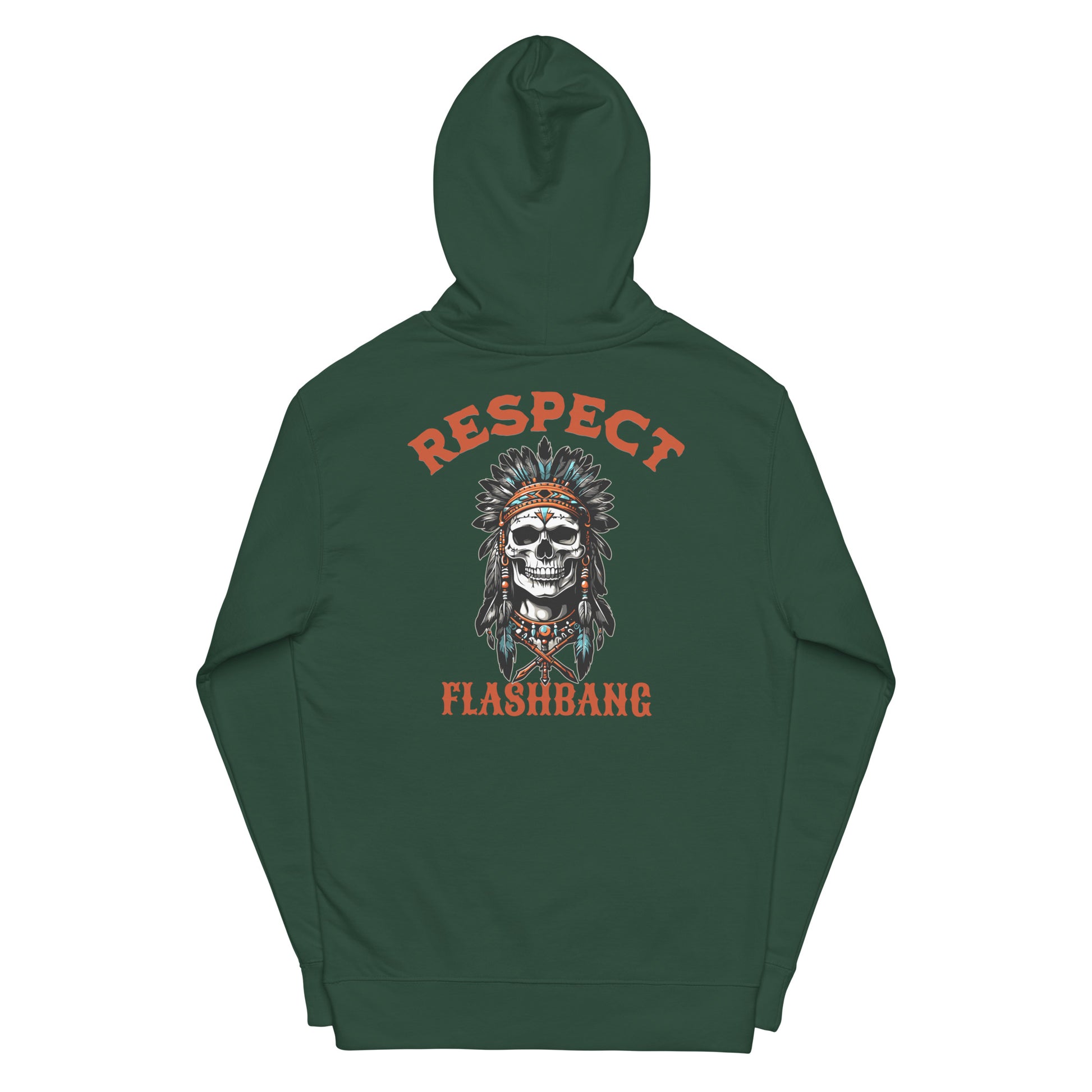 Green hoodie with 'Respect Flashbang' design on the back against a white background