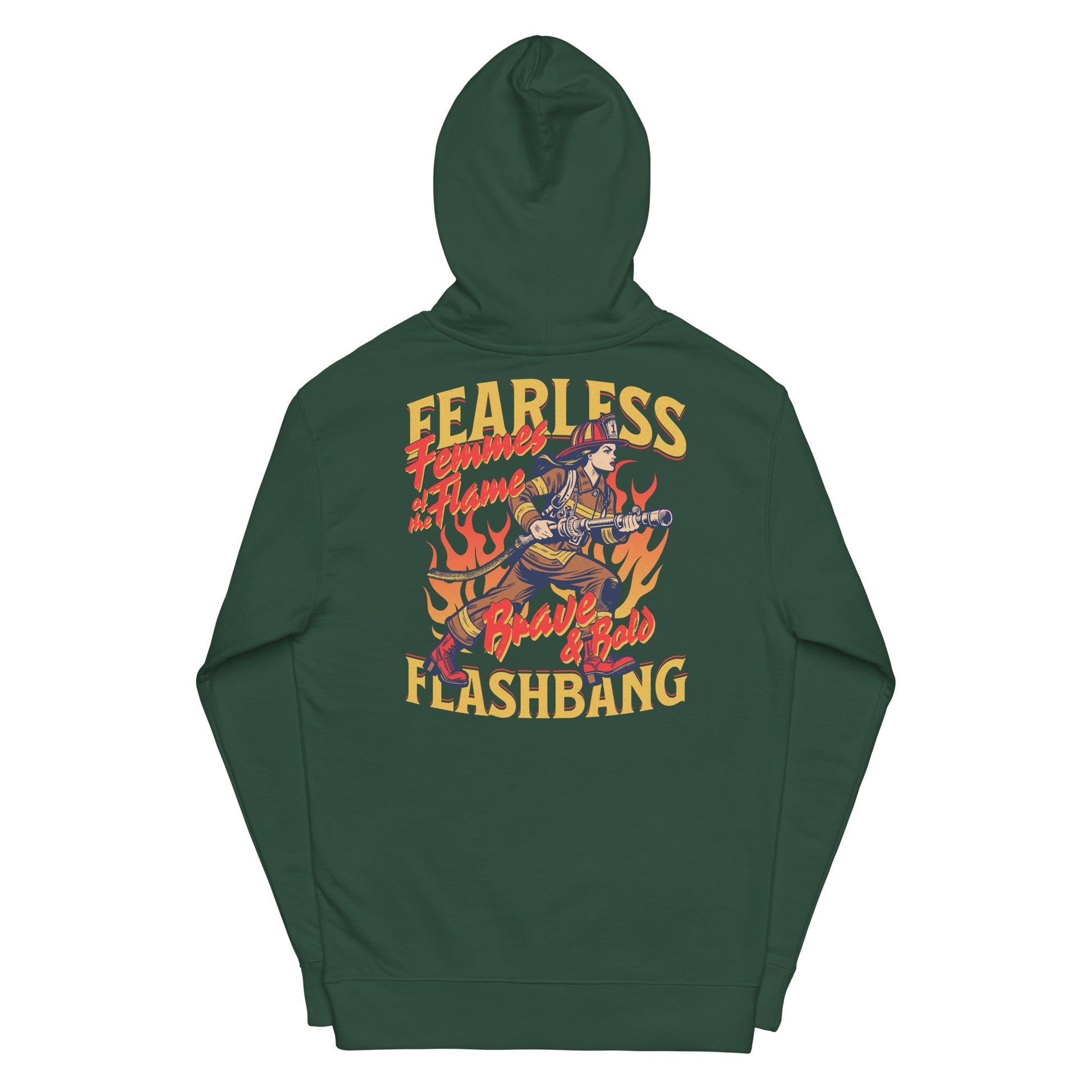 Green hoodie with colorful graphic design on the back featuring text and a guitar player.