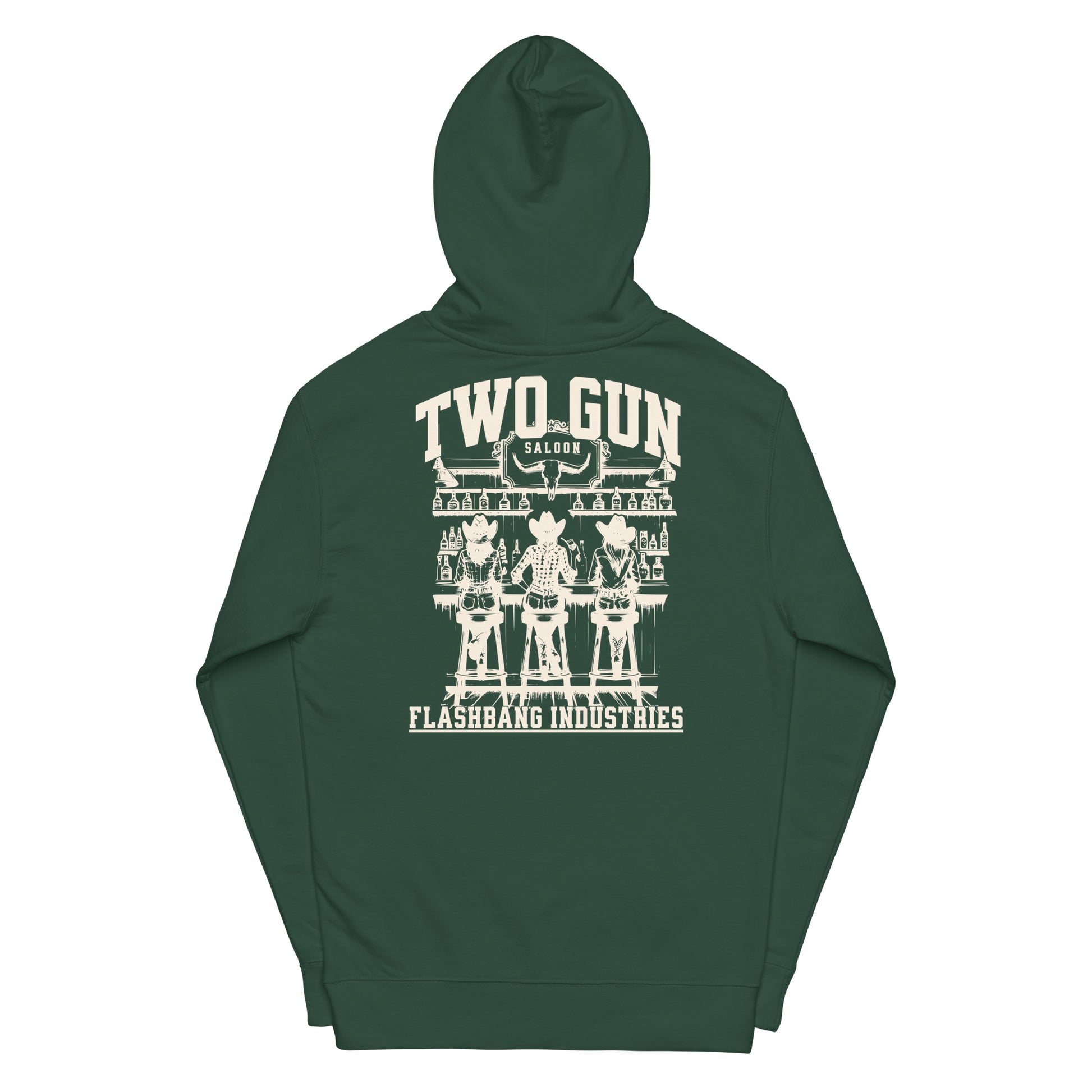 Green hoodie with white graphic and text on a white background