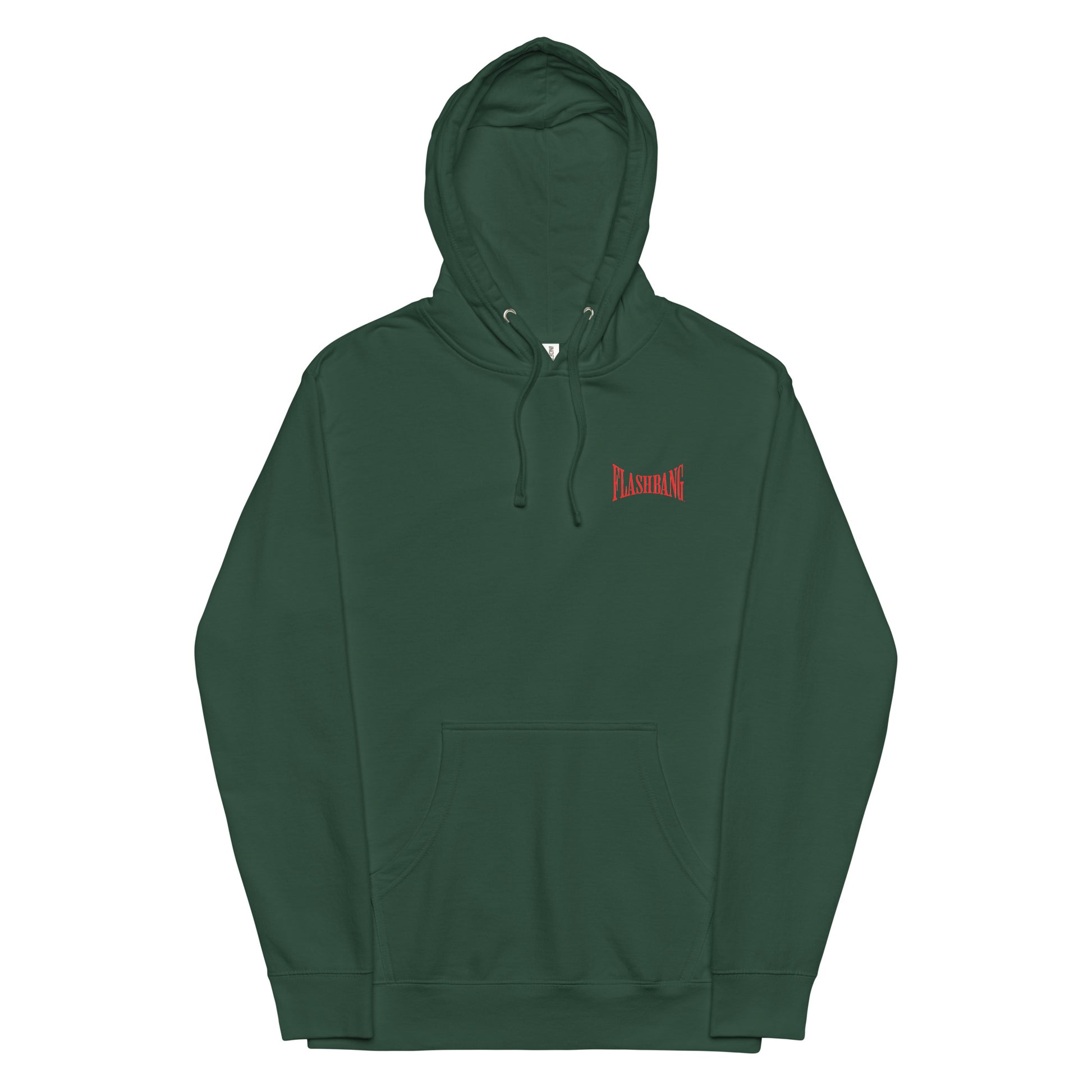 Green hoodie with a red logo on a white background