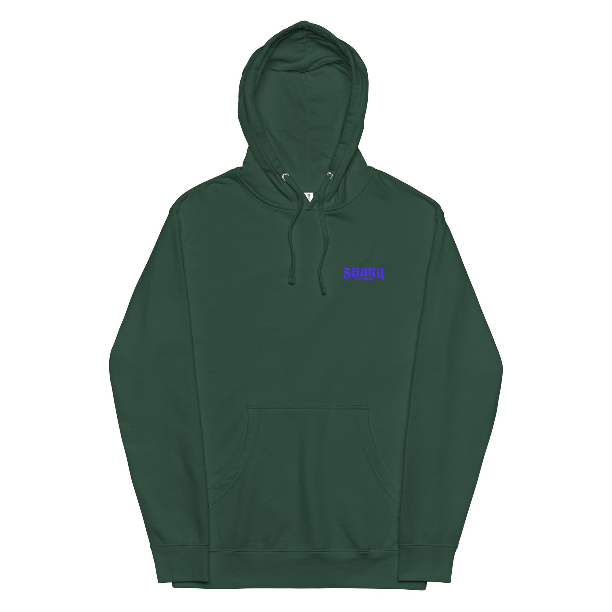 Green hoodie with a blue logo on a white background