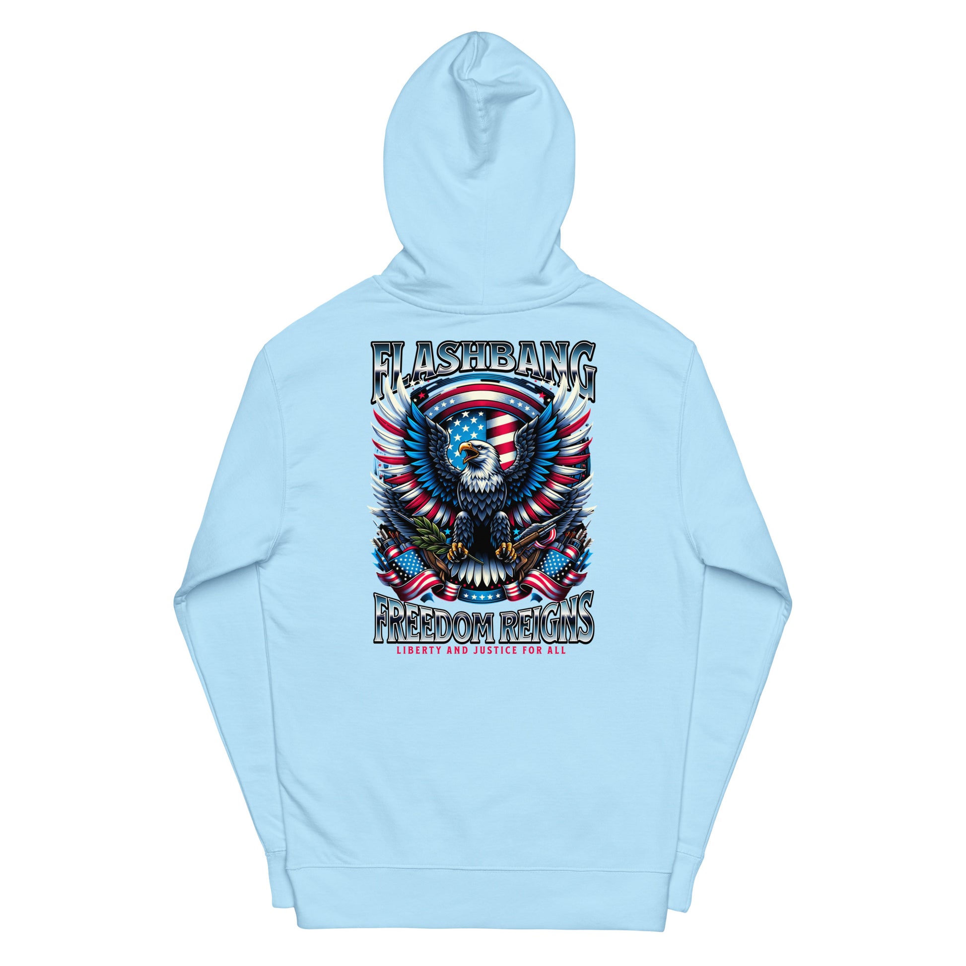 Light blue hoodie with a graphic design featuring an eagle and American flag, on a white background.