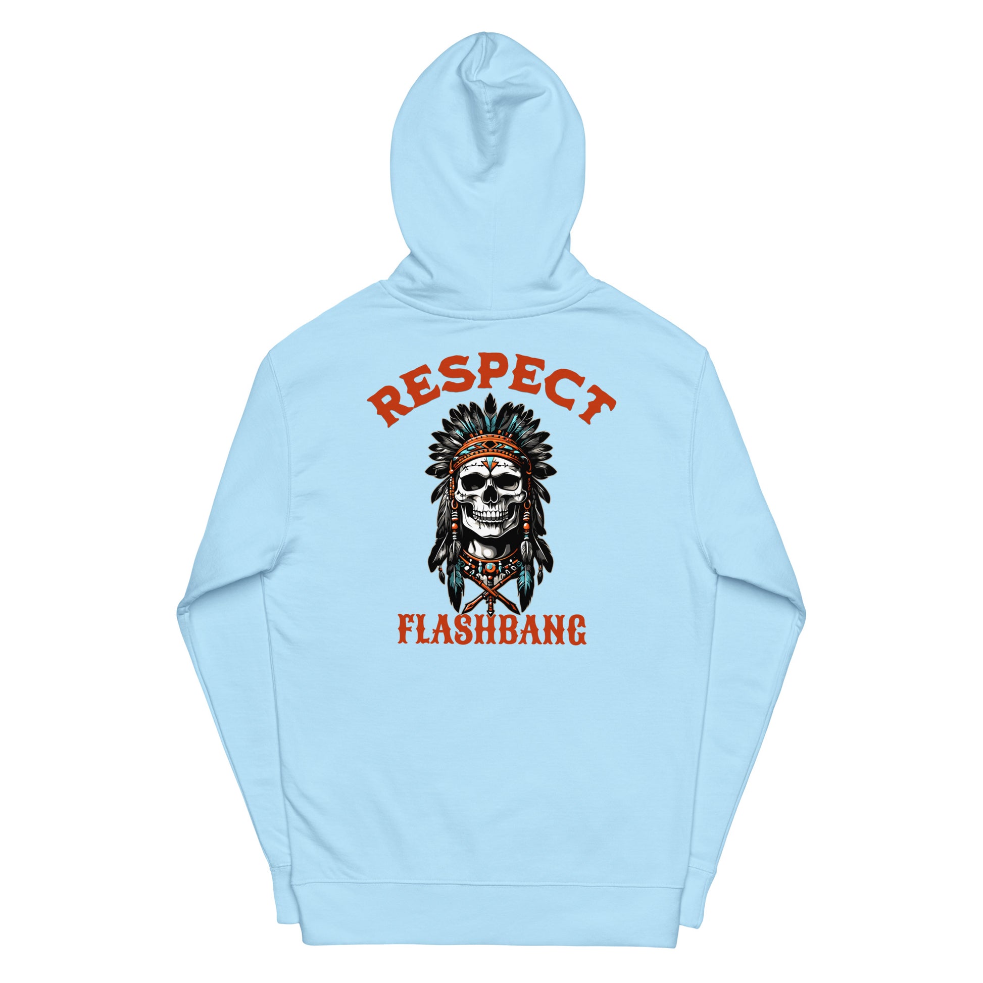 Light blue hoodie with a skull and crossbones design and text on a white background