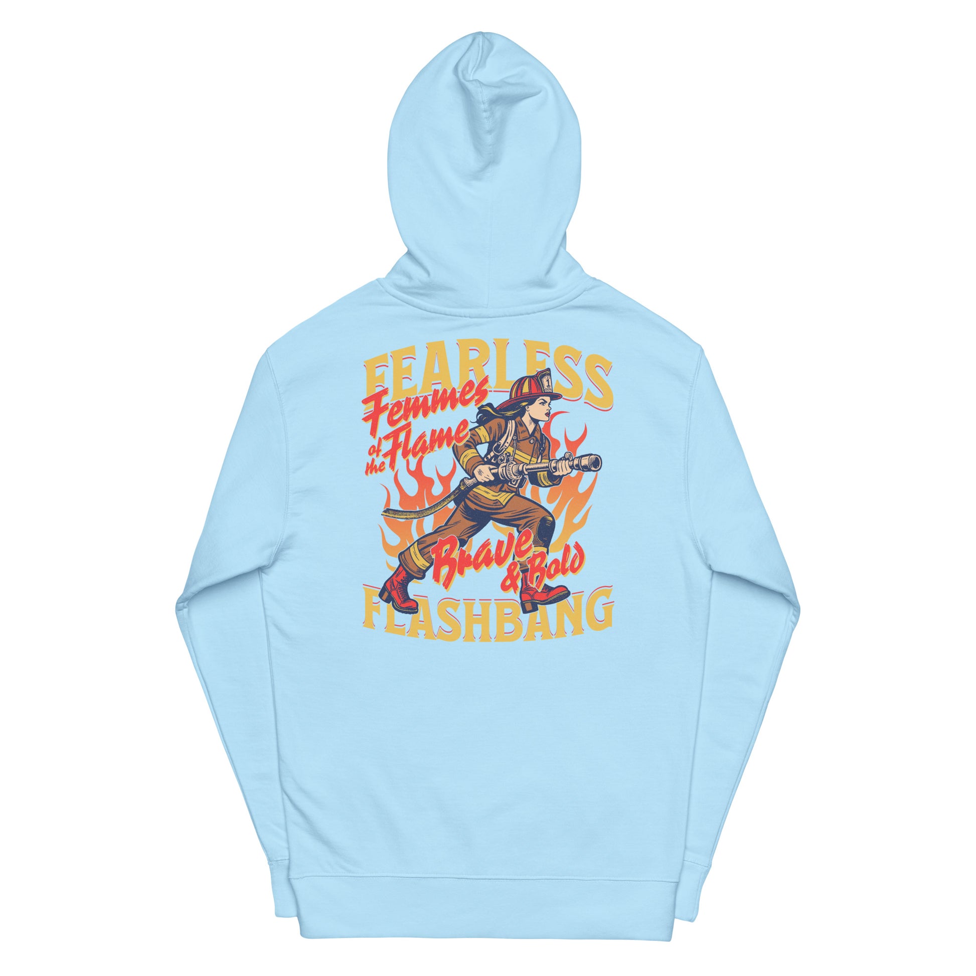 Light blue hoodie with graphic design and text on a white background