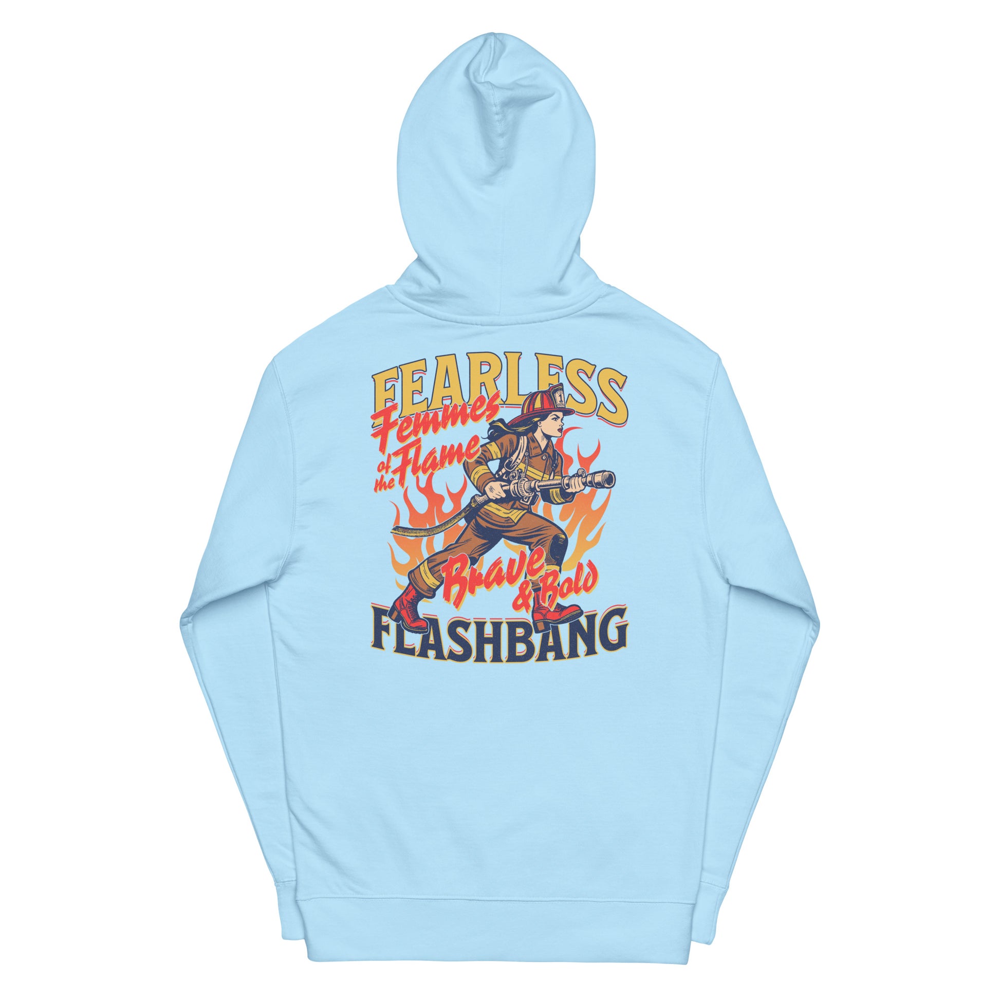 Light blue hoodie with graphic design and text on a white background