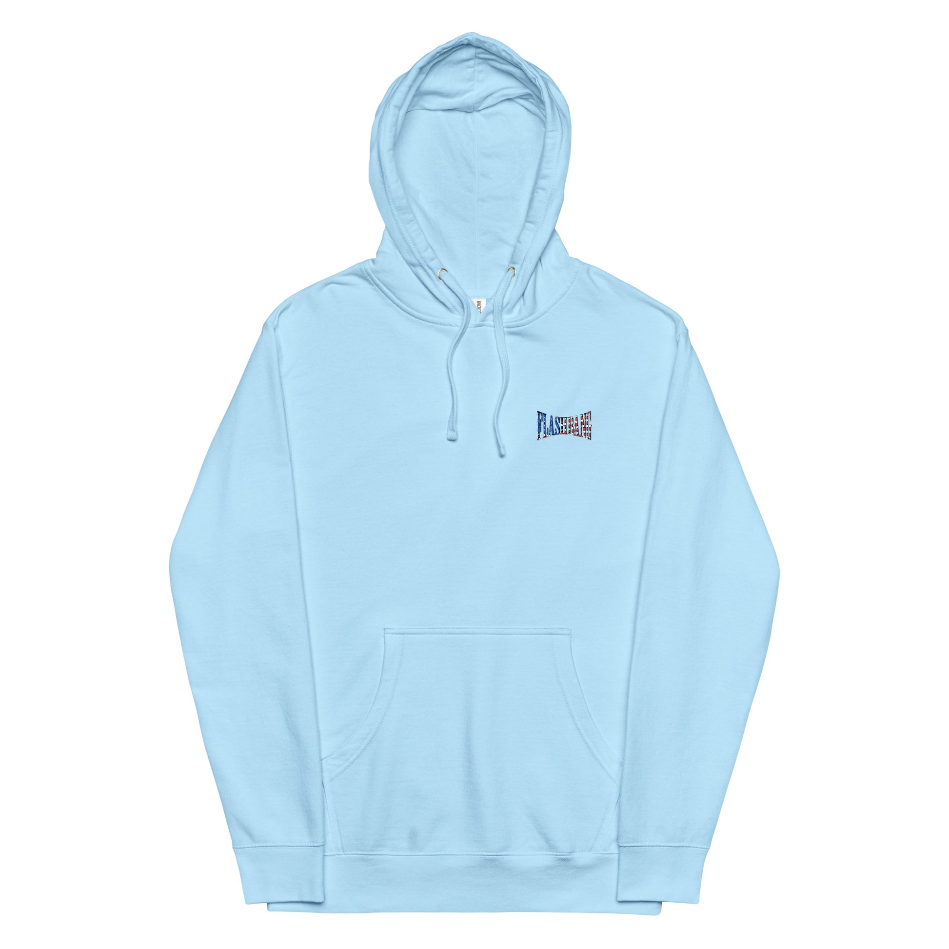 Light blue hoodie with a small logo on the chest against a white background