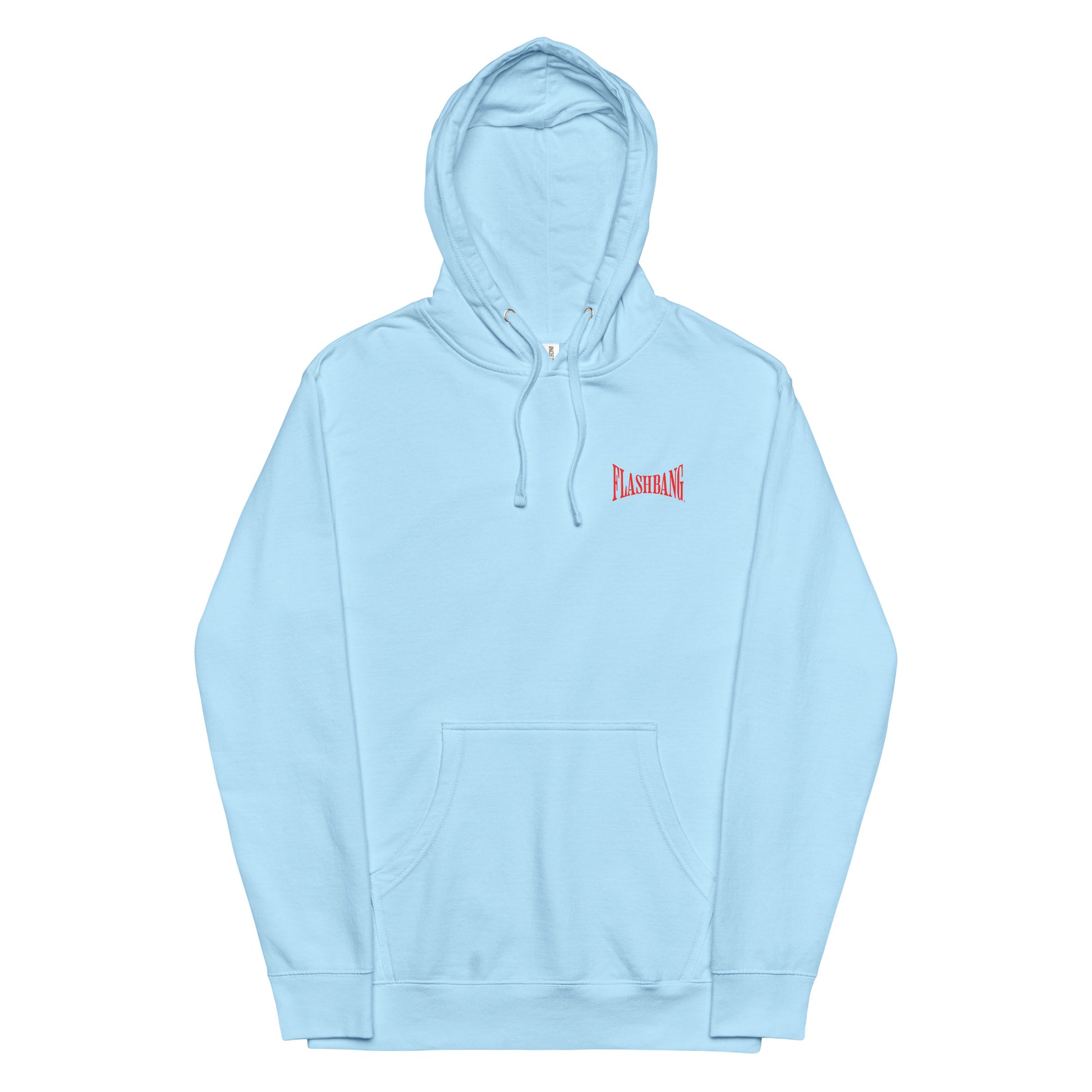 Light blue hoodie with a red logo on a white background