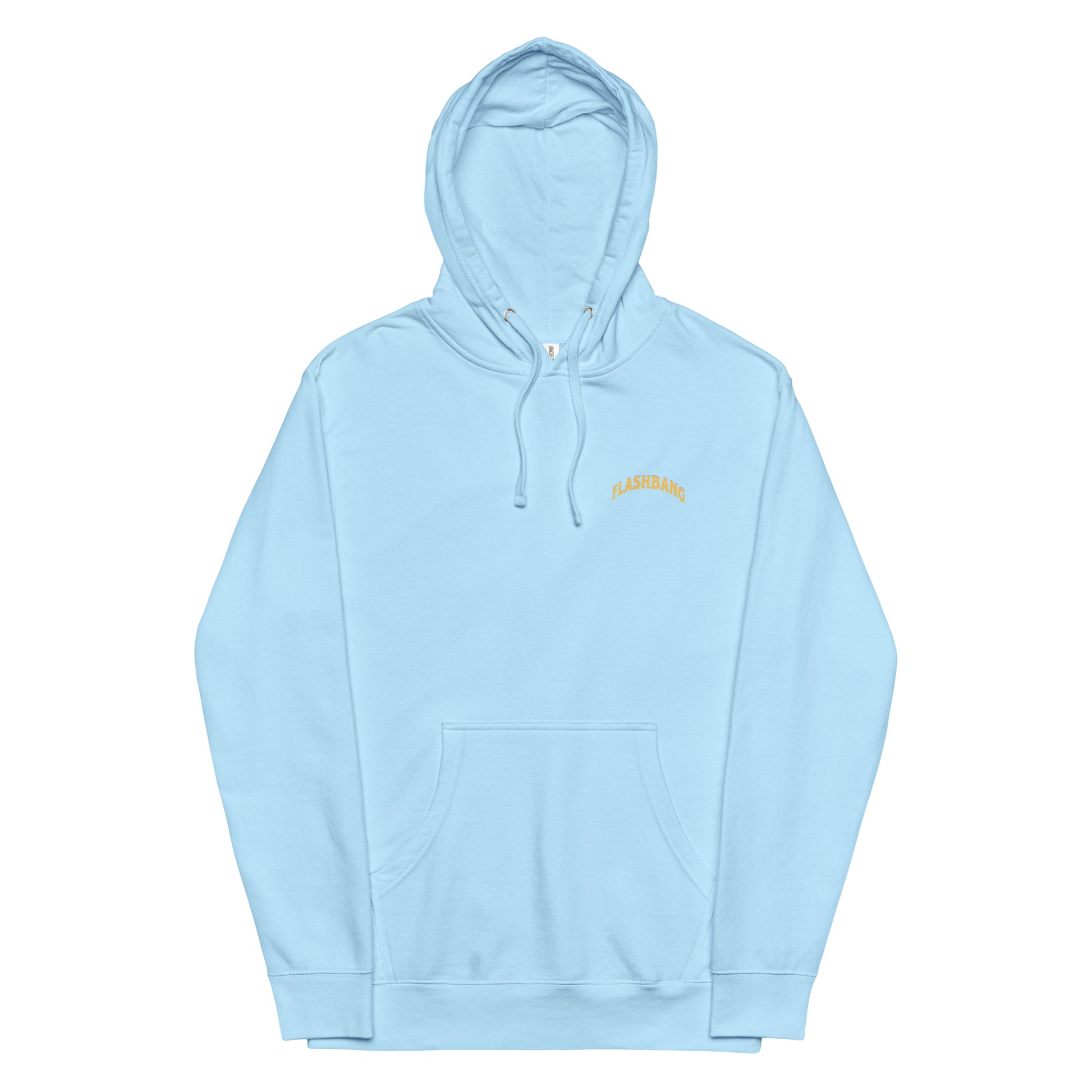Light blue hoodie with a small logo on the chest against a white background
