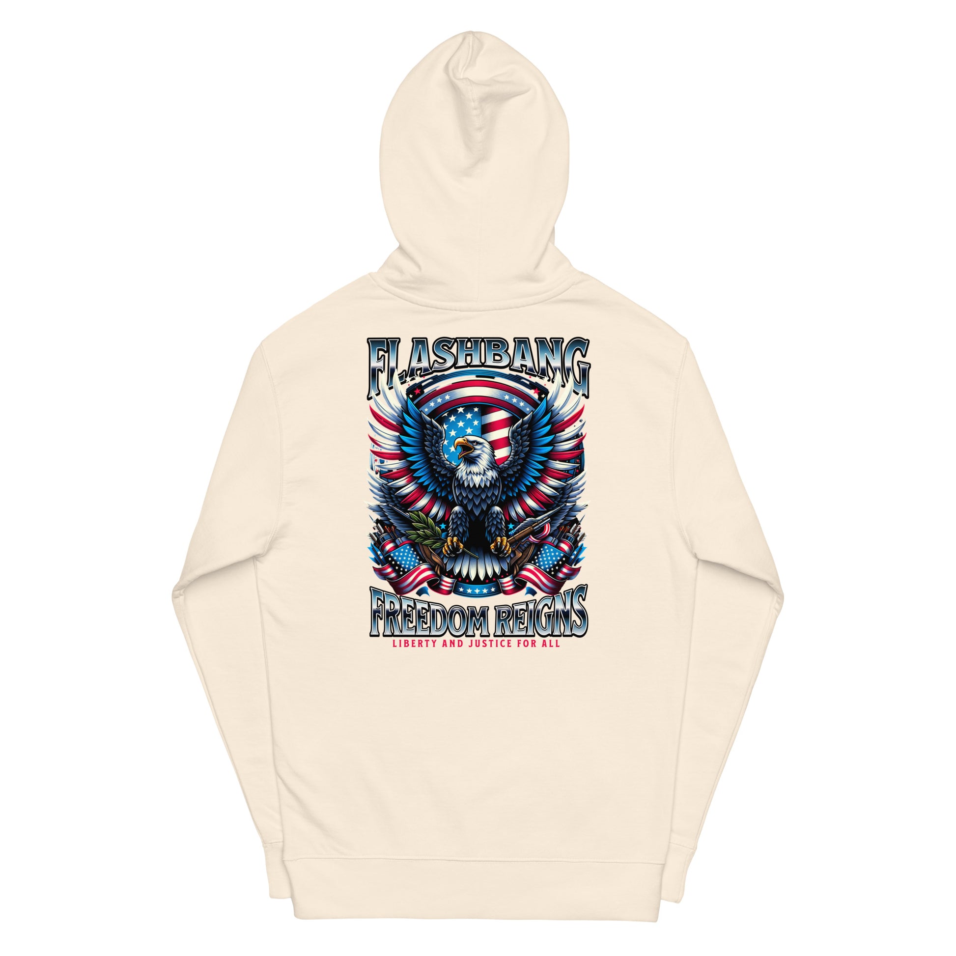 Beige hoodie with a graphic design featuring an eagle and American flag, with text 'Flashbang Freedom Reigns'.