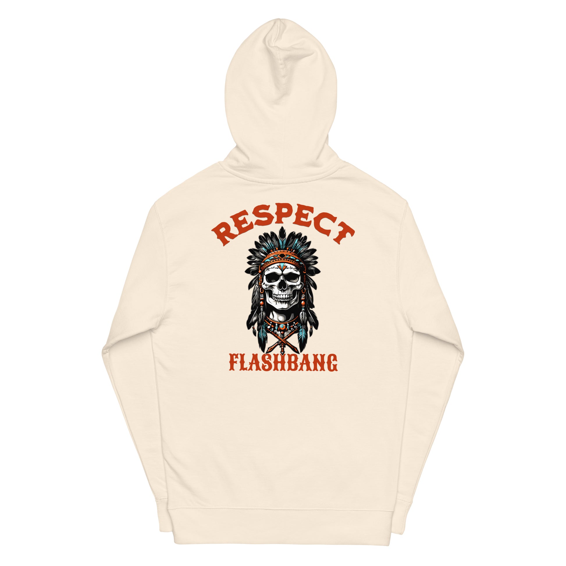 Beige hoodie with skull design and text on a white background