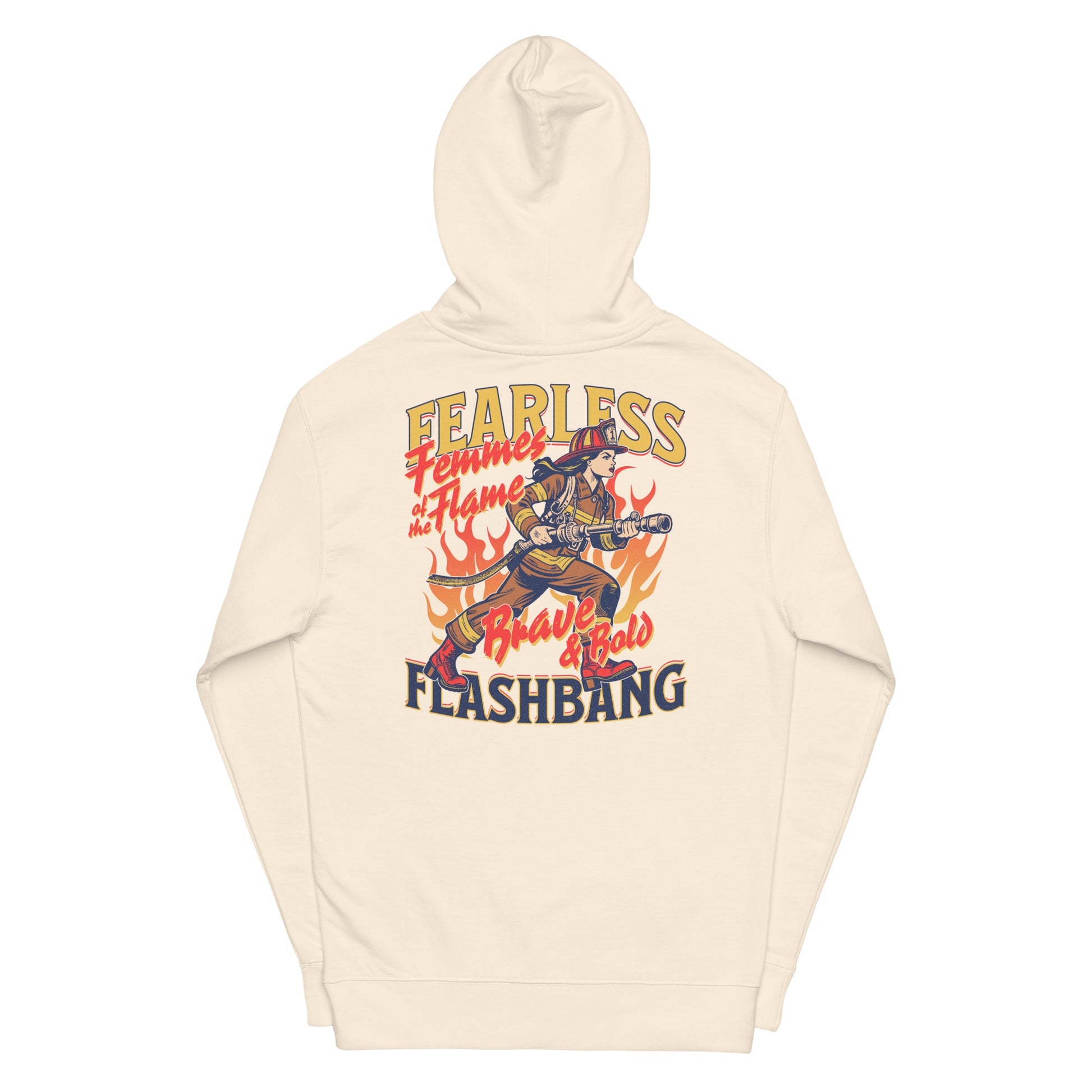 Beige hoodie with graphic design and text on a white background