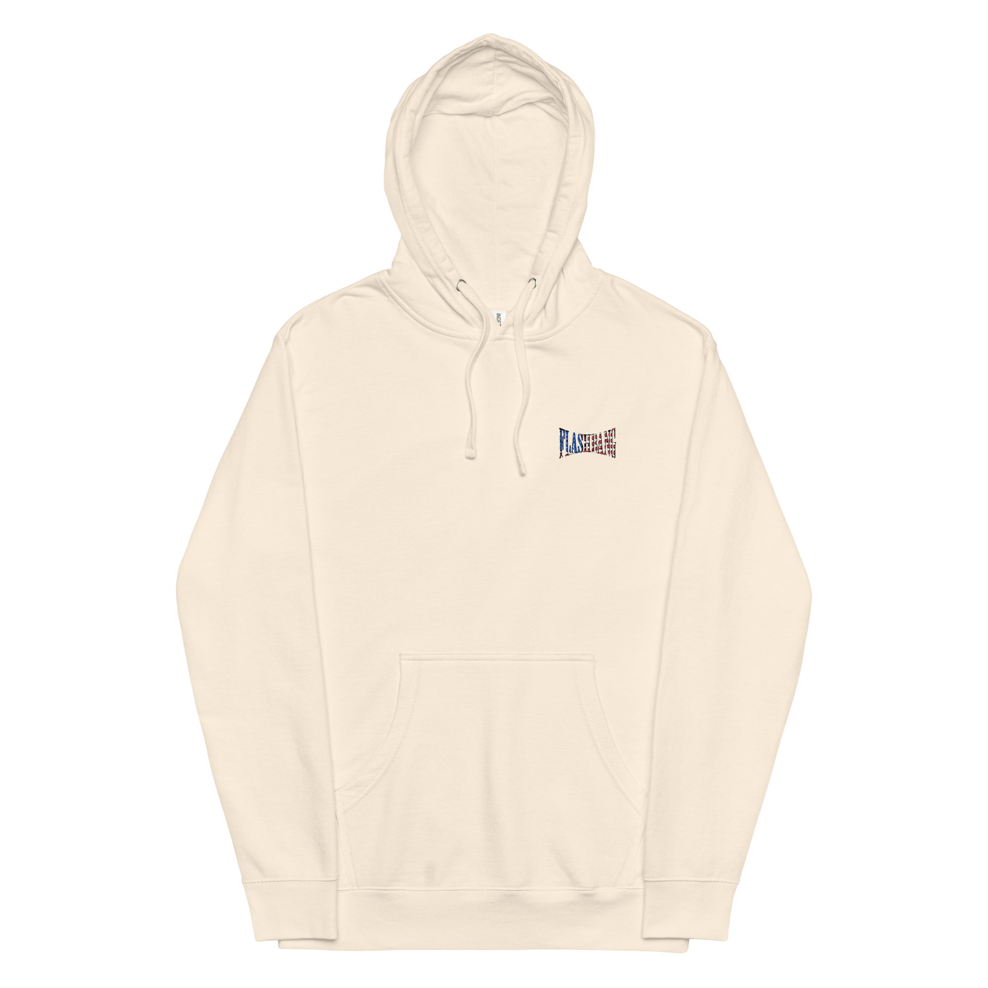 Beige hoodie with a small logo on the chest against a white background