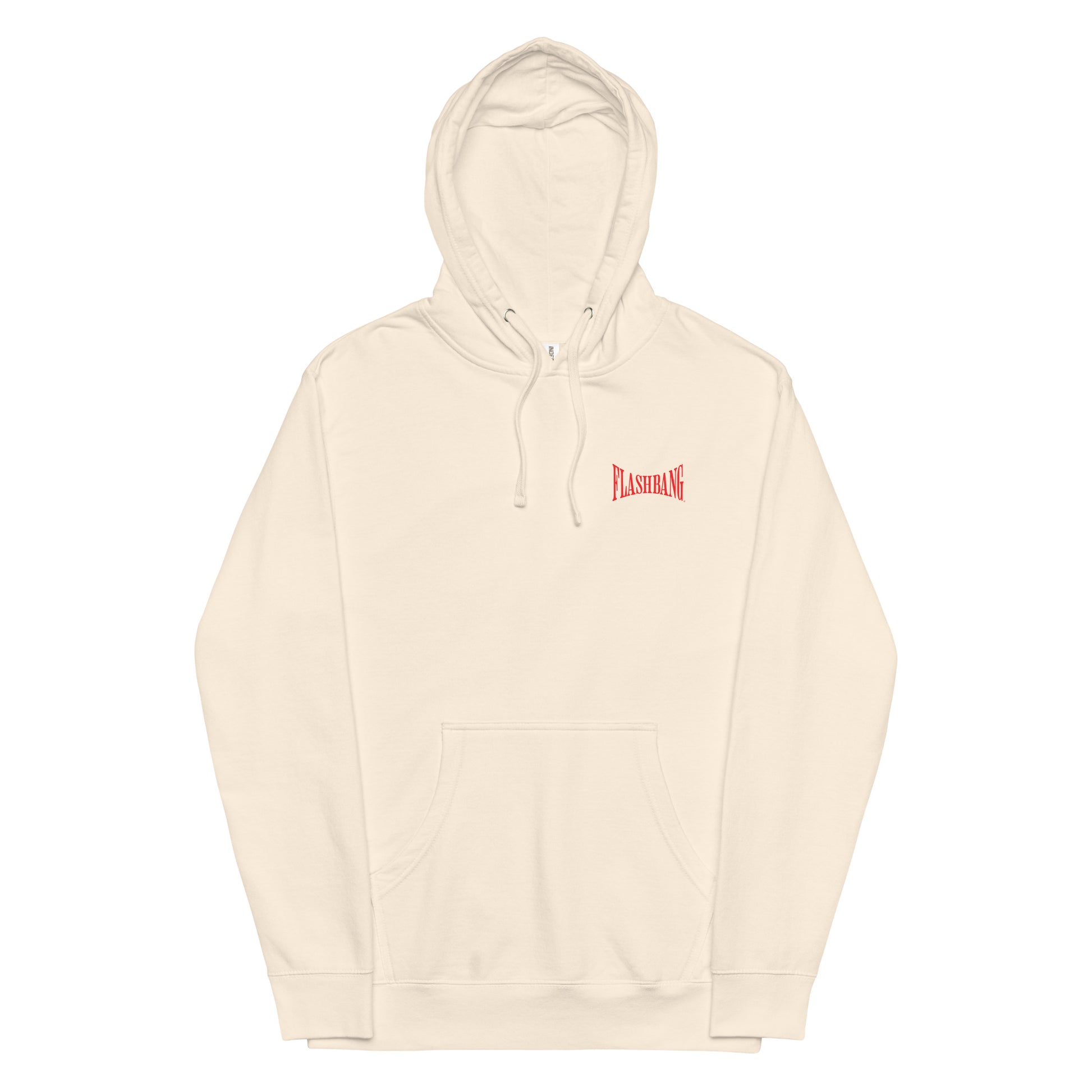 Beige hoodie with a red logo on a white background