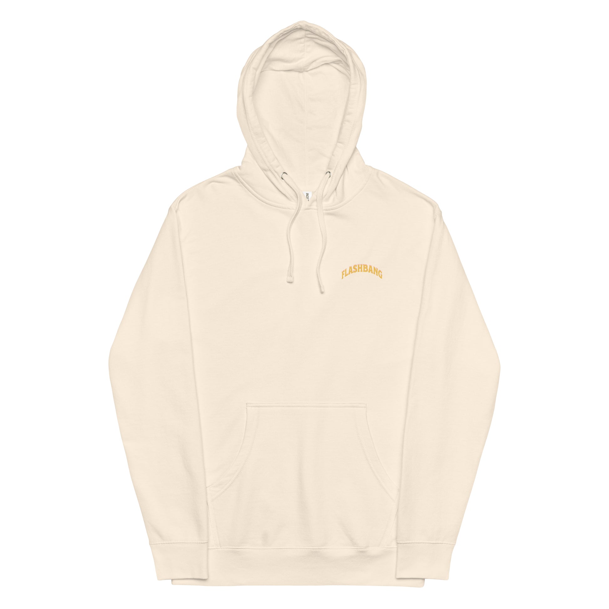 Beige hoodie with a logo on the chest against a white background