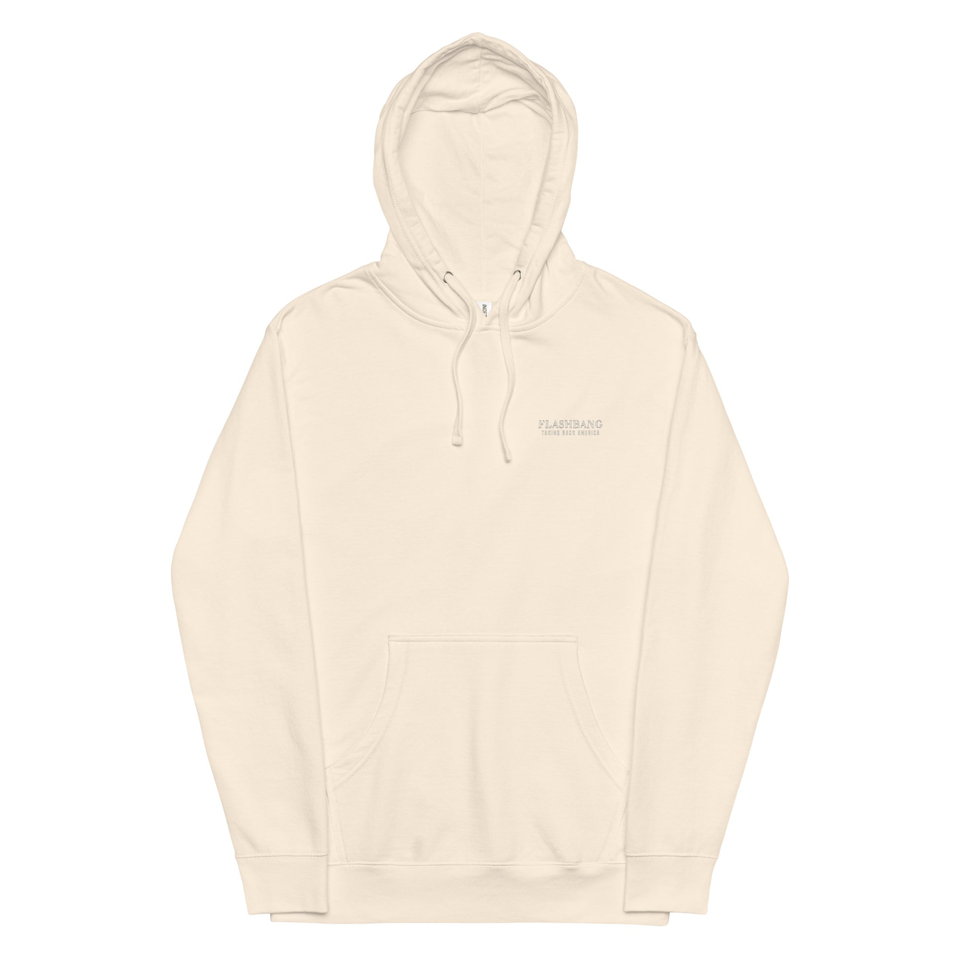 Beige hoodie with a brand logo on a white background