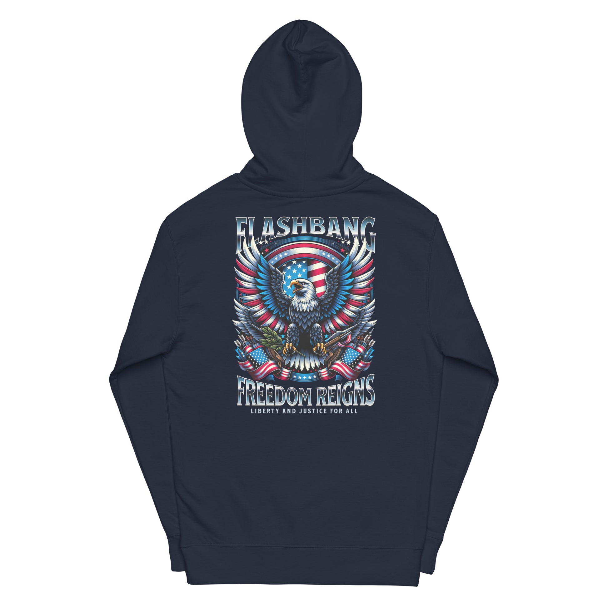 Navy blue hoodie with patriotic design and text on a white background