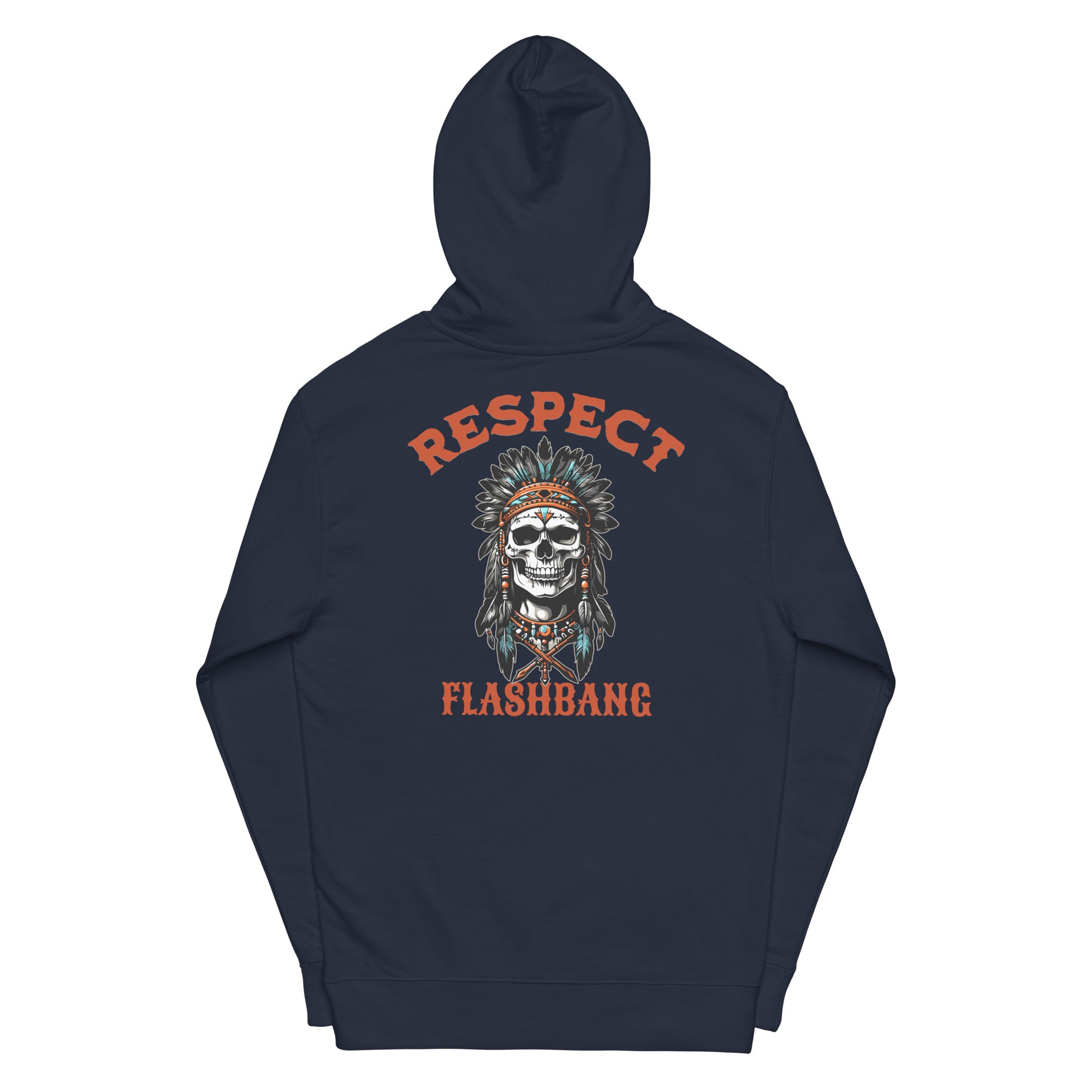 Navy blue hoodie with 'Respect Flashbang' design on the back against a white background