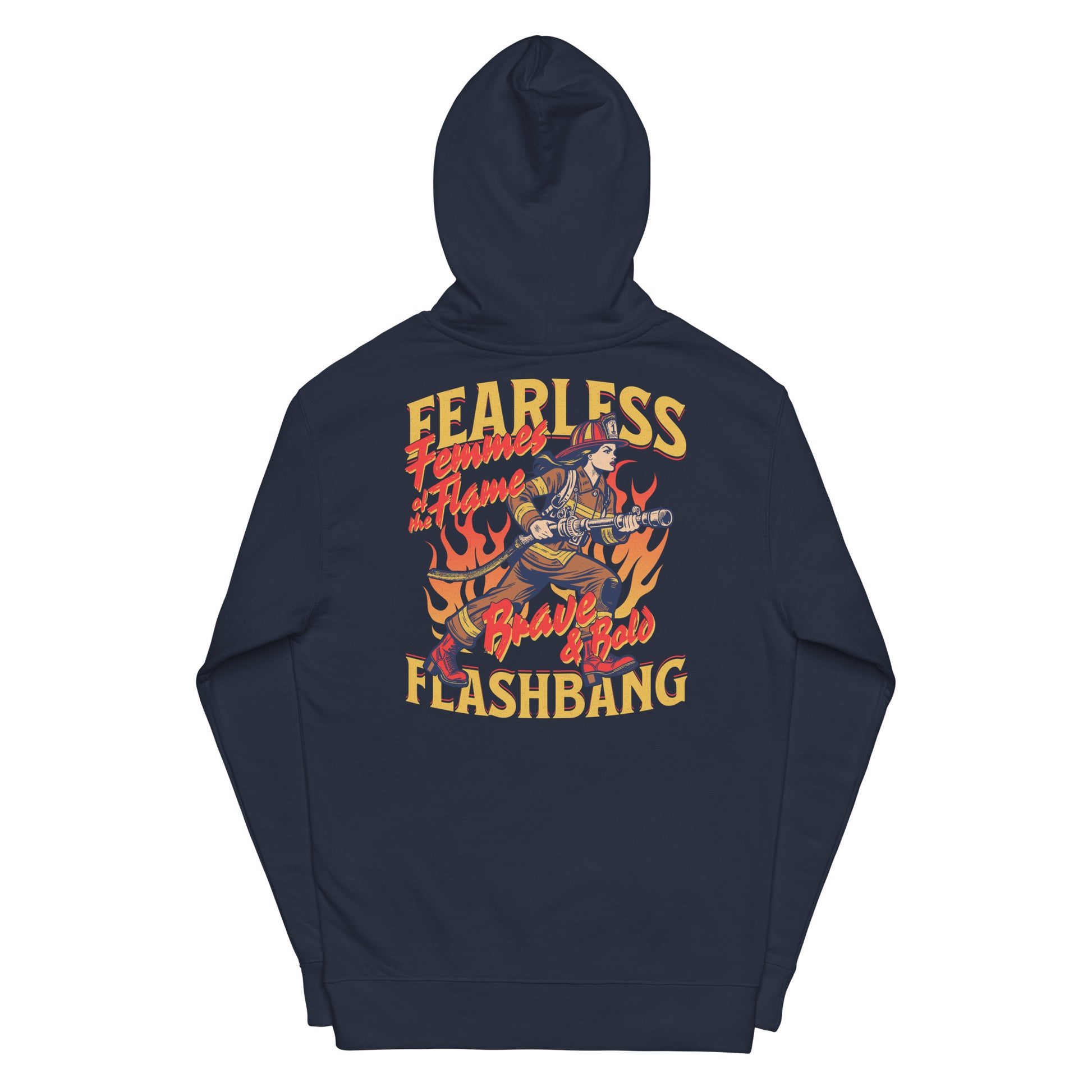 Navy blue hoodie with colorful graphic and text on a white background