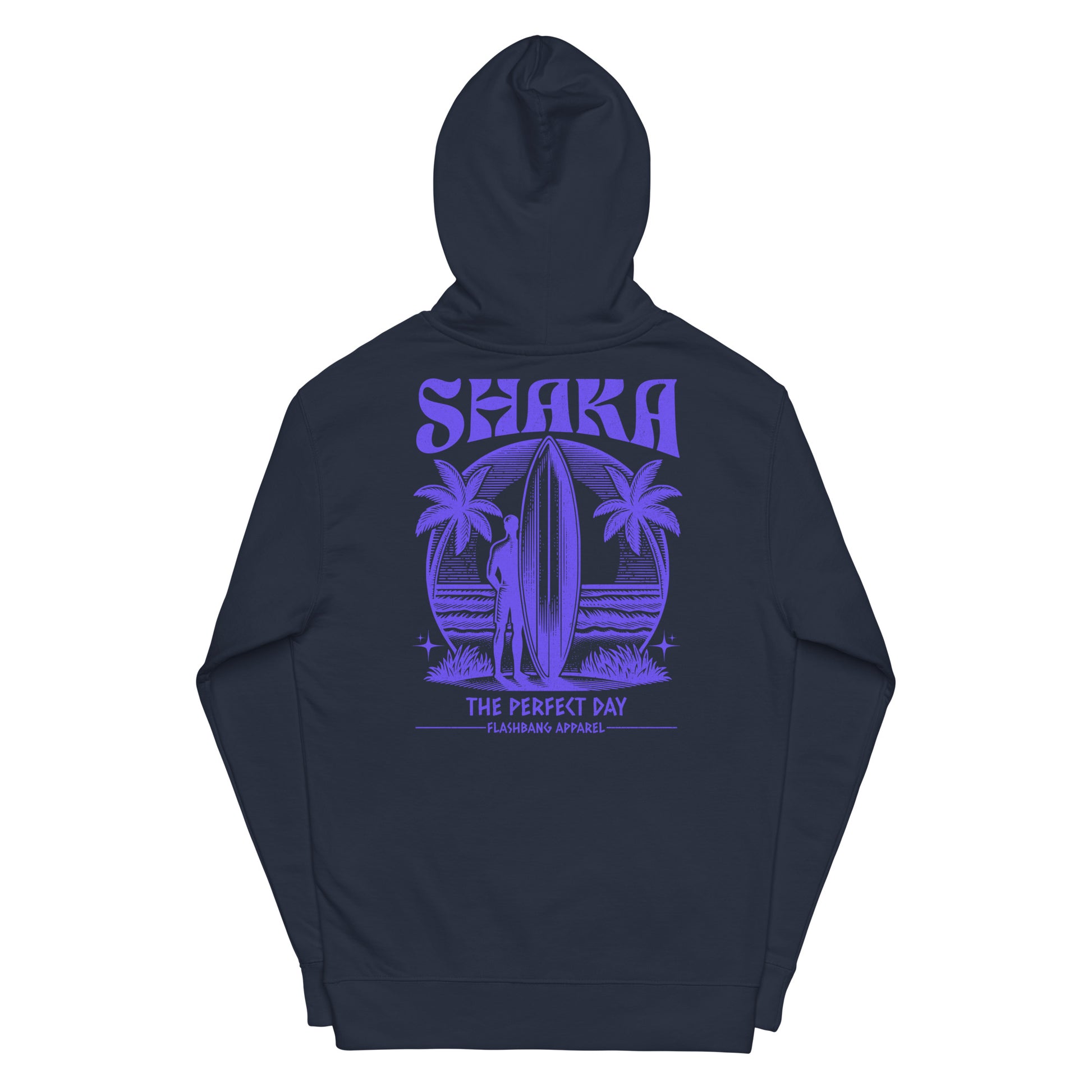 Navy blue hoodie with purple 'Shaka' graphic on a white background