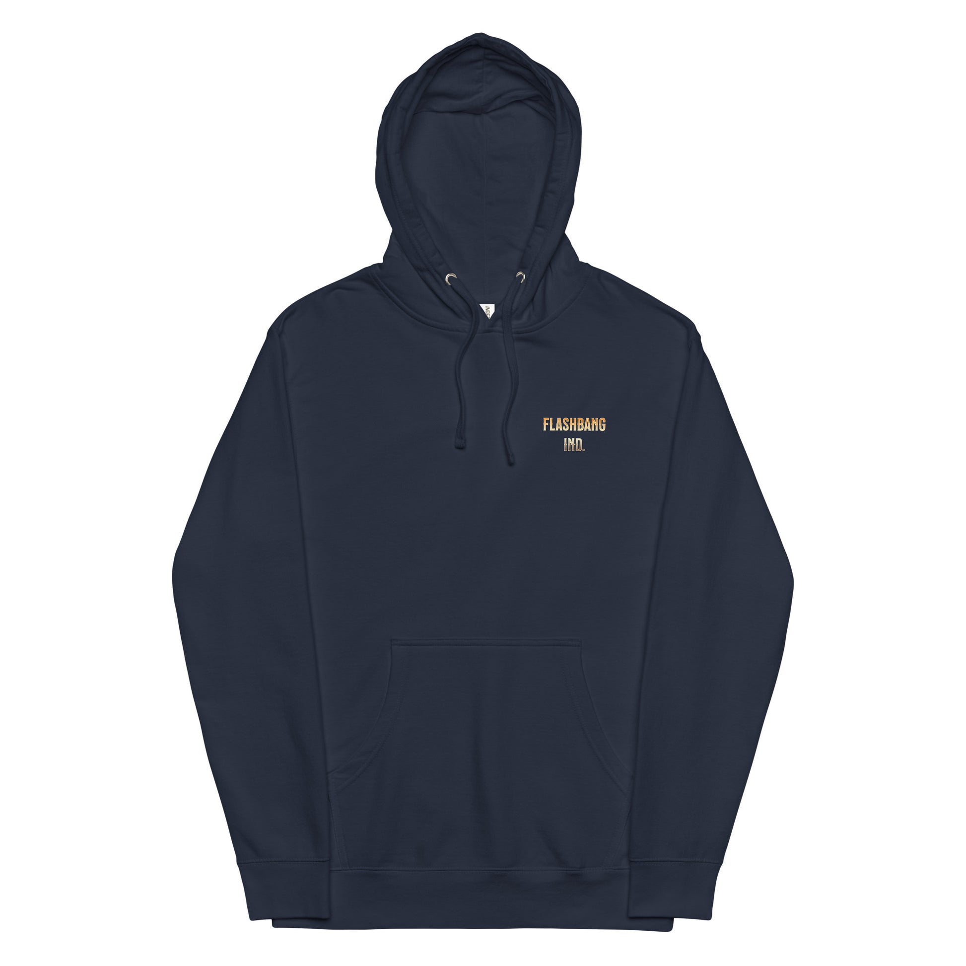 Navy blue hoodie with a small yellow logo on a white background