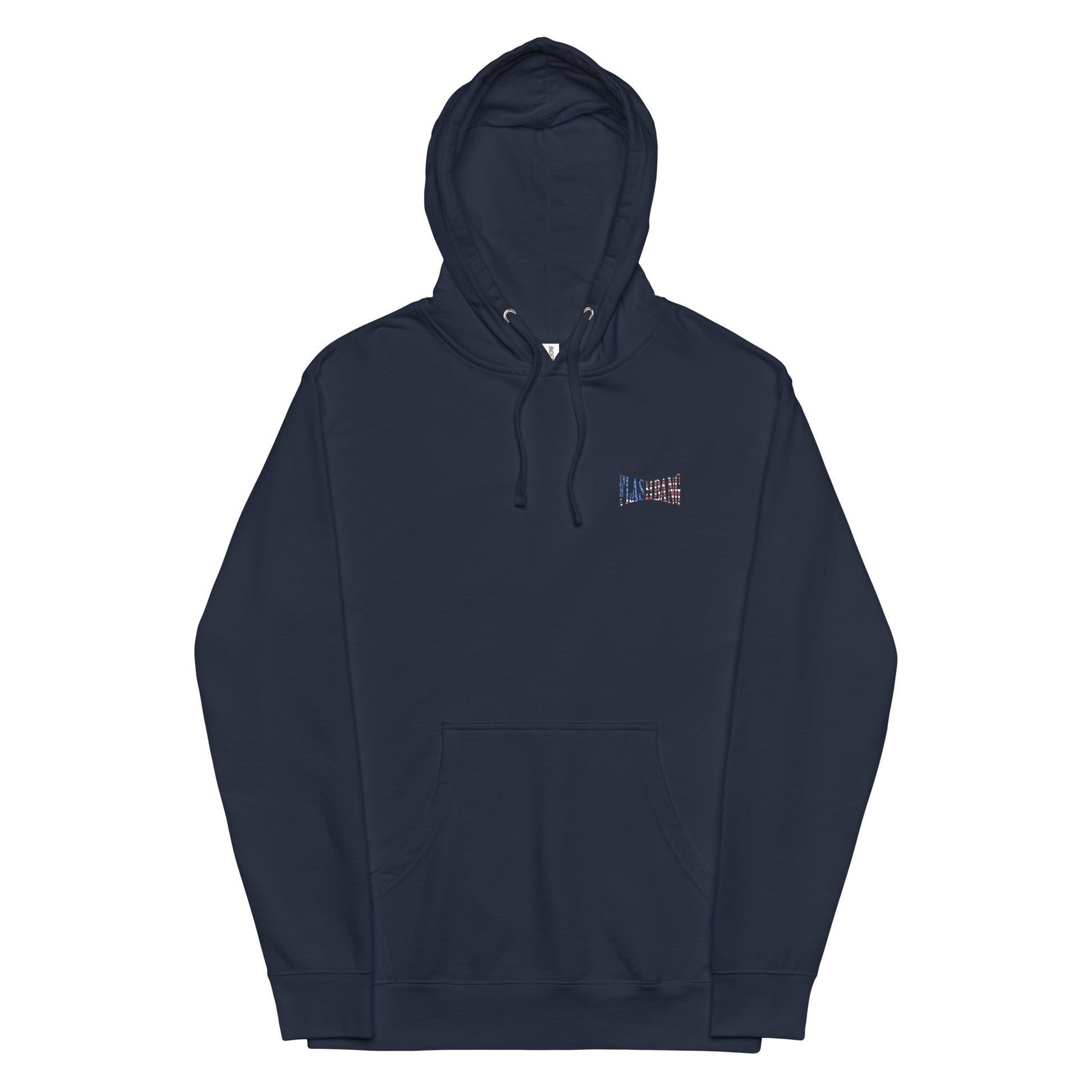 Navy blue hoodie with a small logo on the chest against a white background