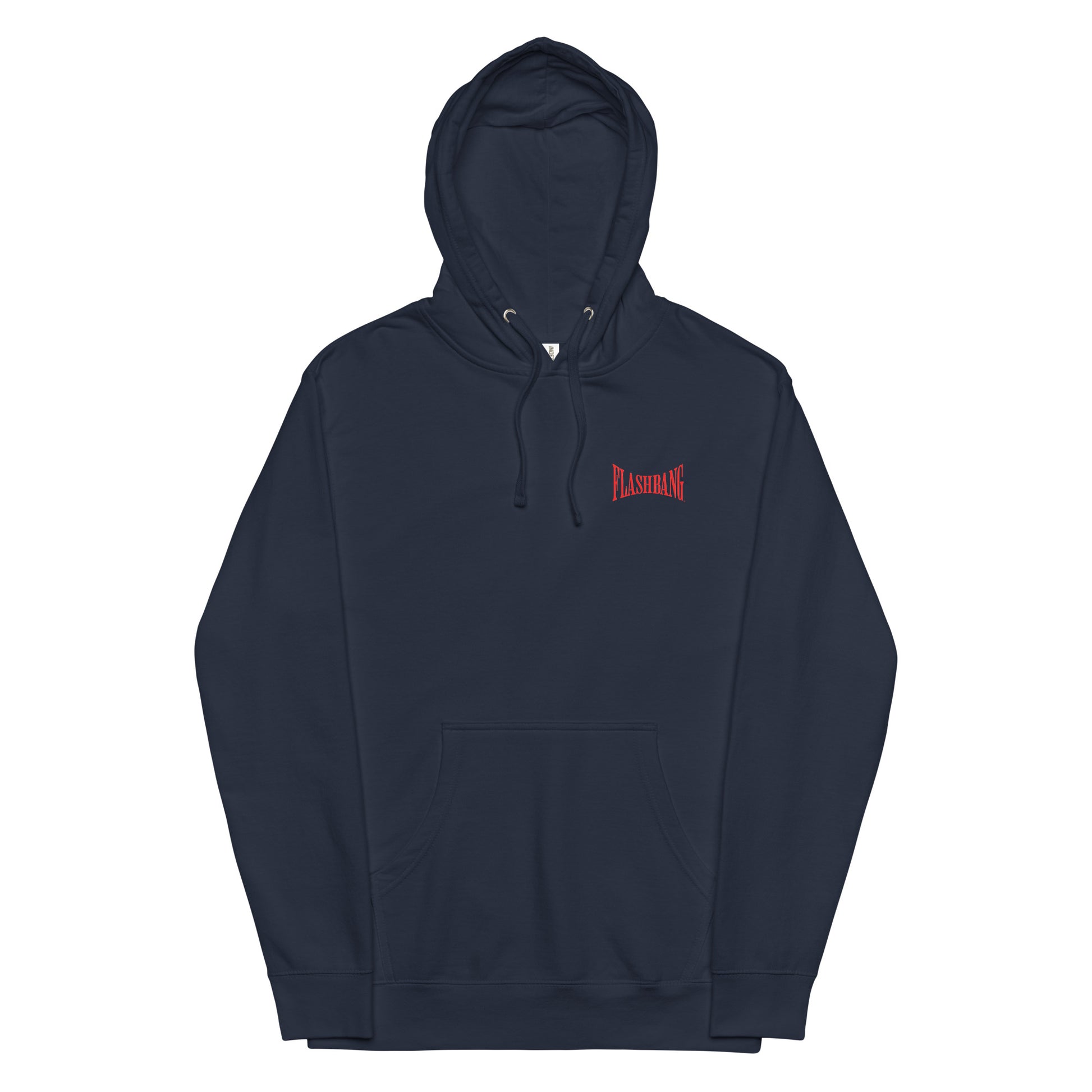 Navy hoodie with red logo on a white background