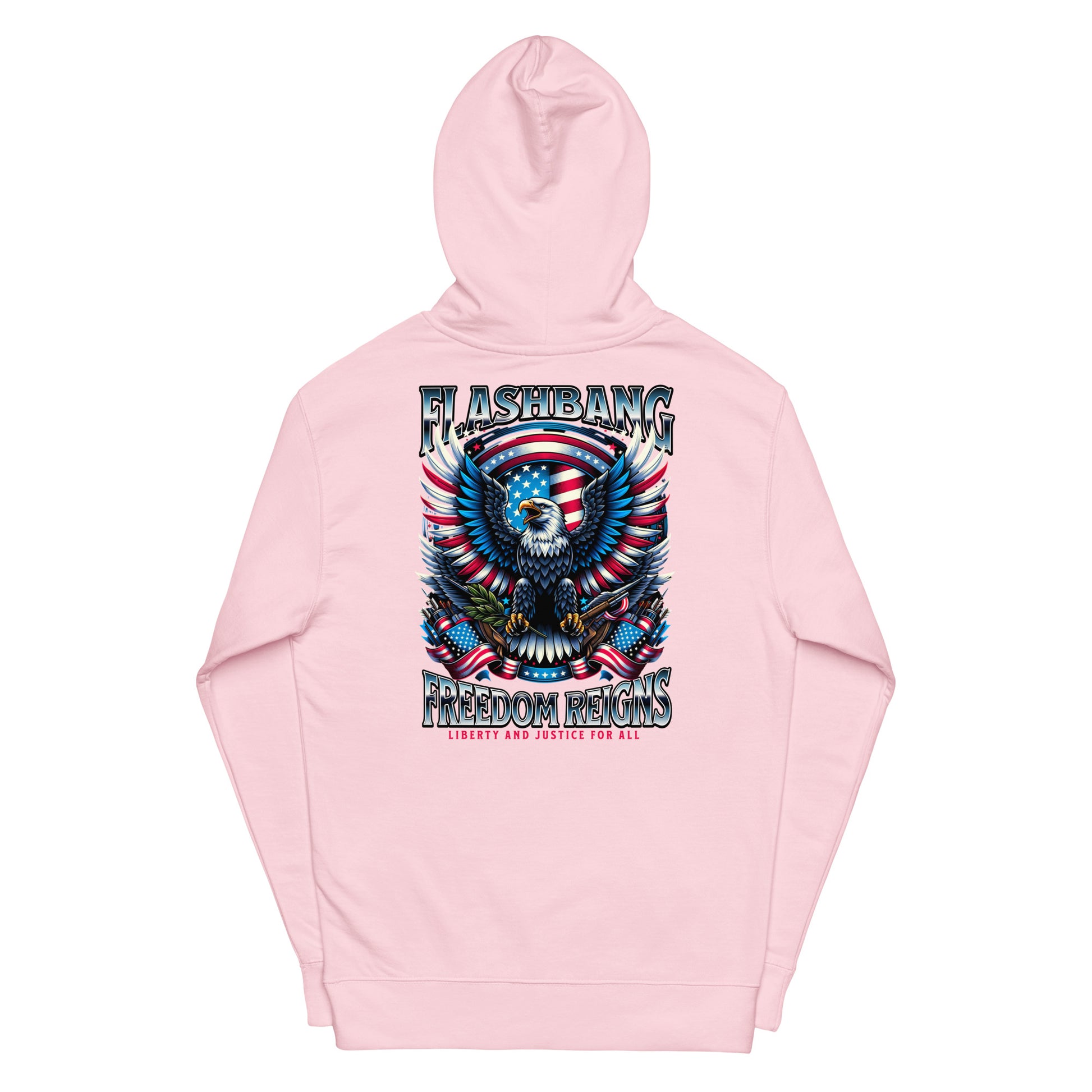 Pink hoodie with an eagle and American flag design on a white background