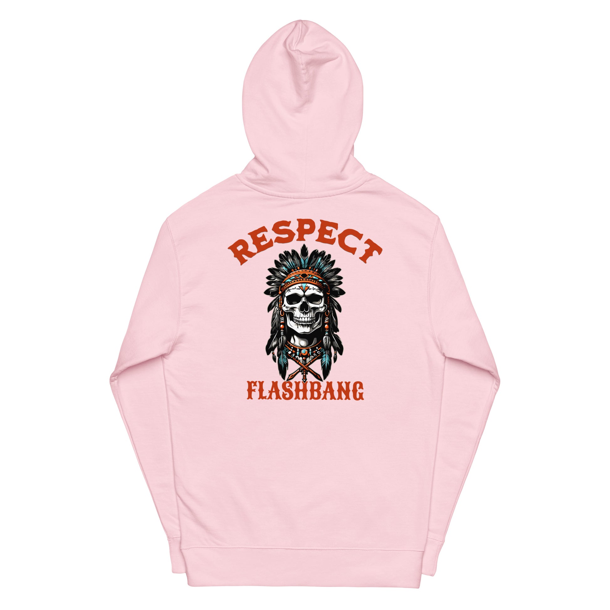 Pink hoodie with skull design and text on a white background