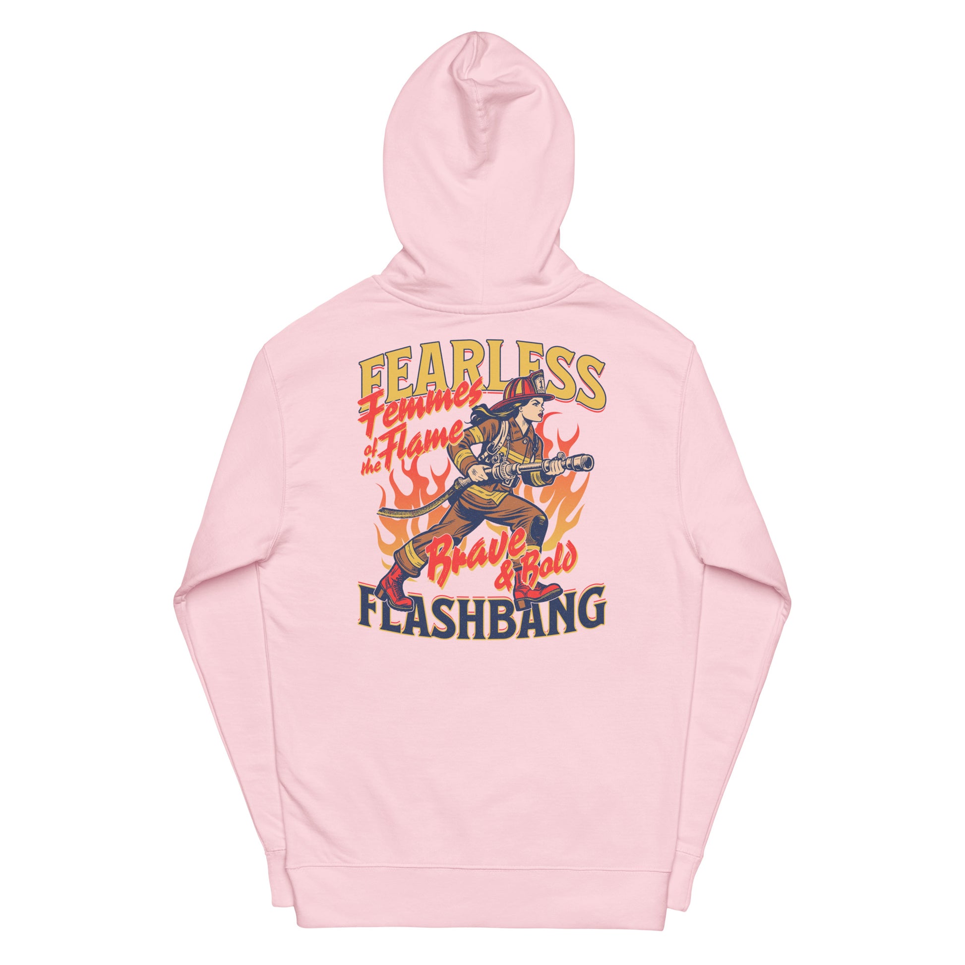 Pink hoodie with graphic design and text on a white background