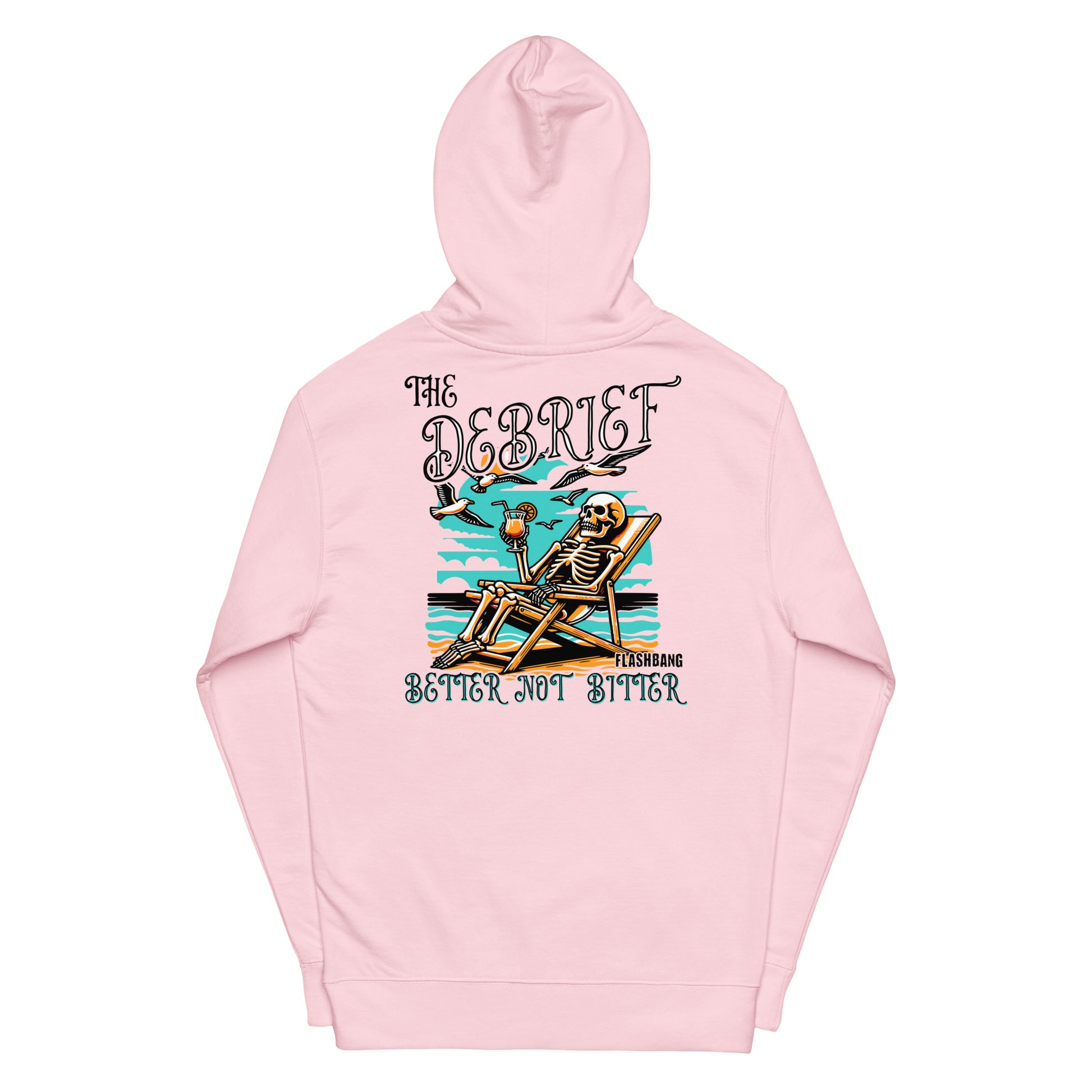 Pink hoodie with skeleton design and text on a white background