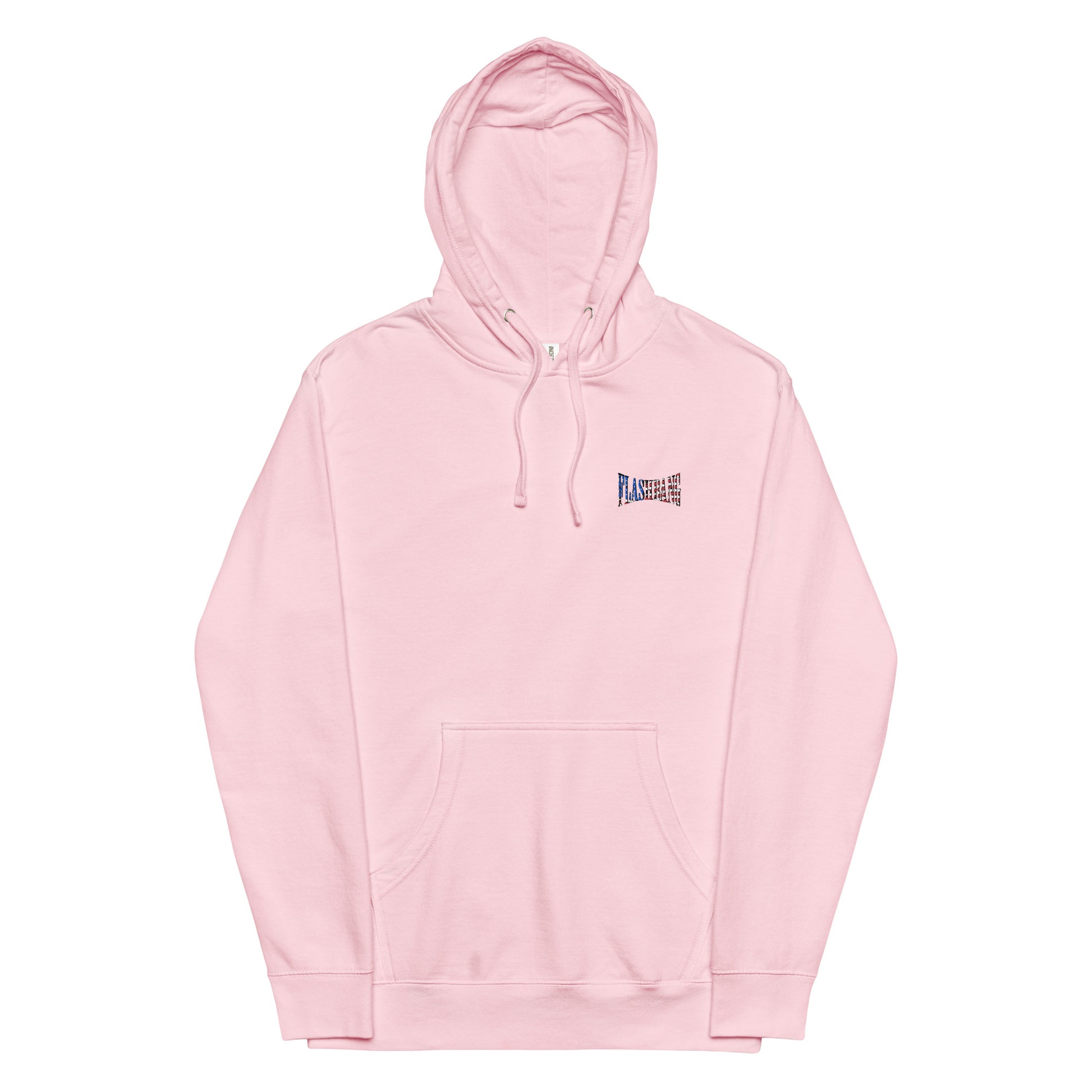 Pink hoodie with a small logo on the chest against a white background