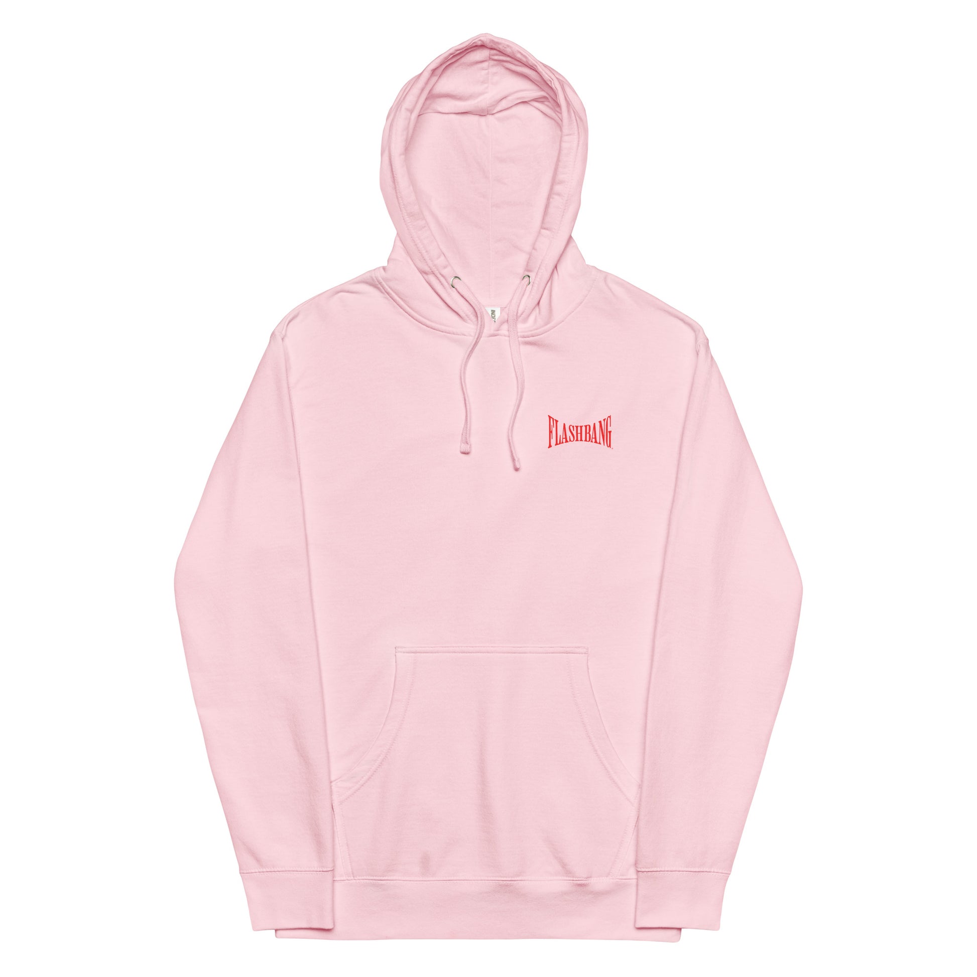 Pink hoodie with a logo on the chest against a white background