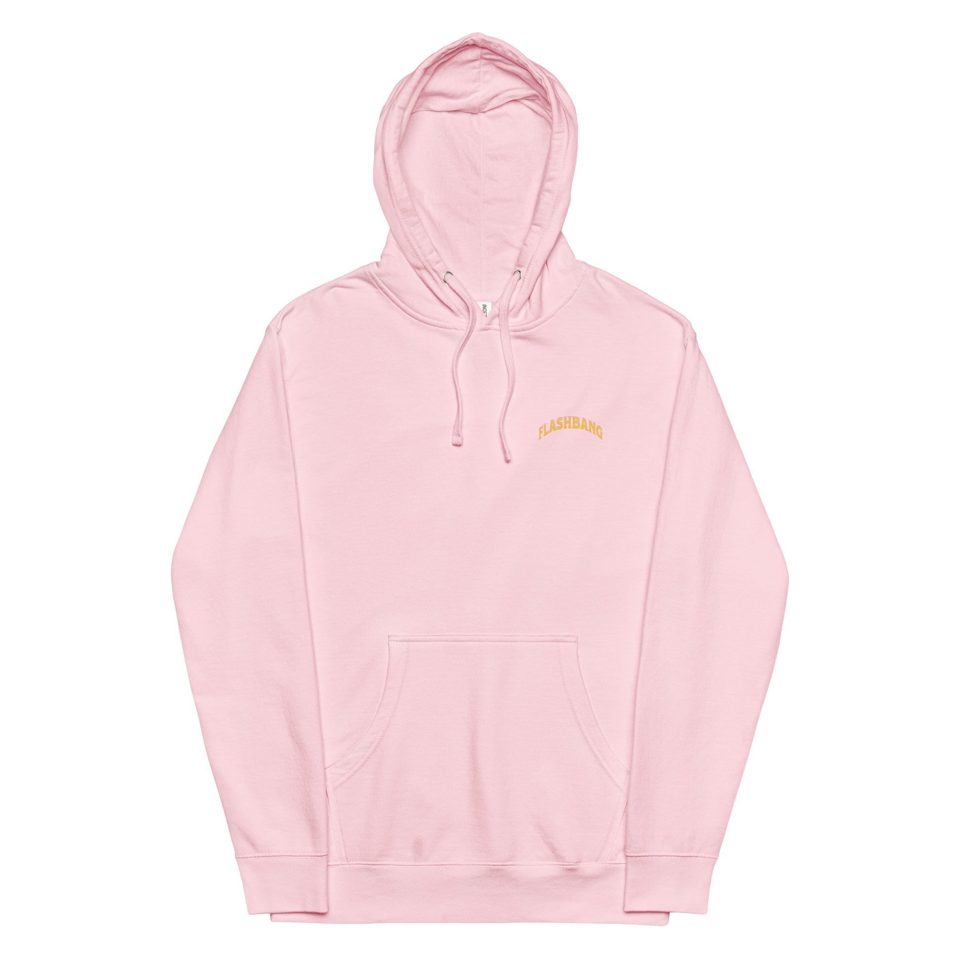 Pink hoodie with a small yellow logo on a white background