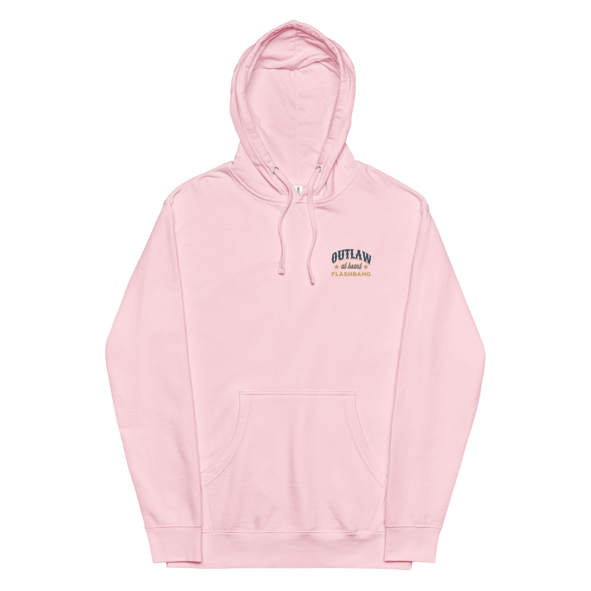 Pink hoodie with a brand logo on a white background
