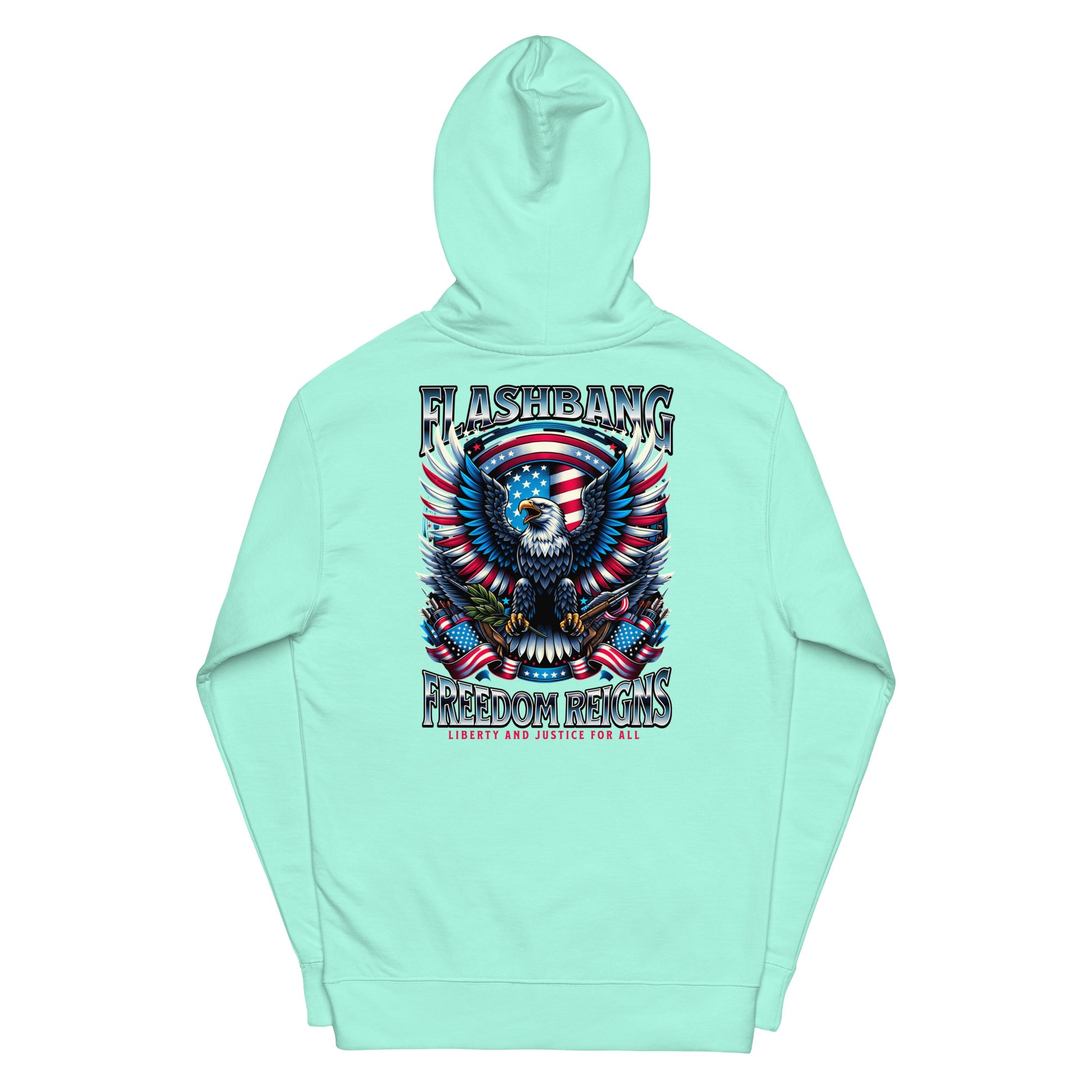 Mint green hoodie with an eagle and flag design on a white background