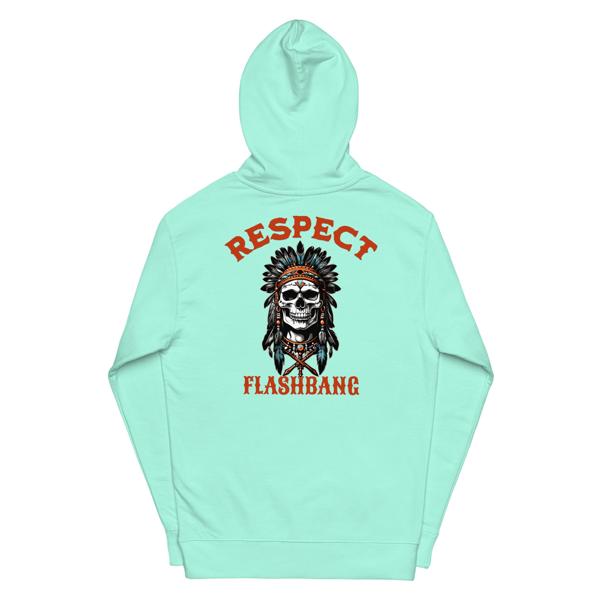 Mint green hoodie with a skull and headdress design on the back, featuring the text 'Respect Flashbang'.