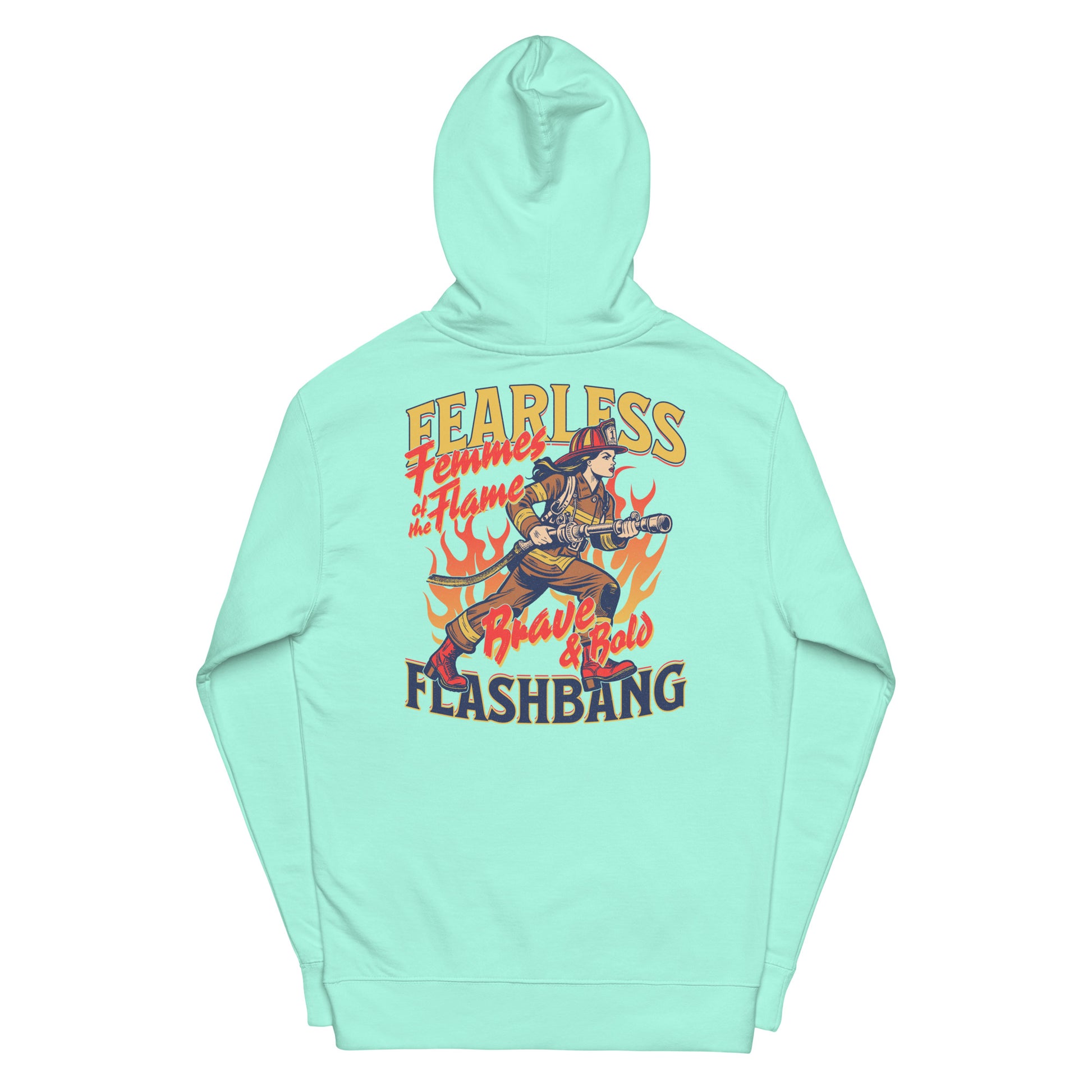 Mint green hoodie with graphic design and text on a white background